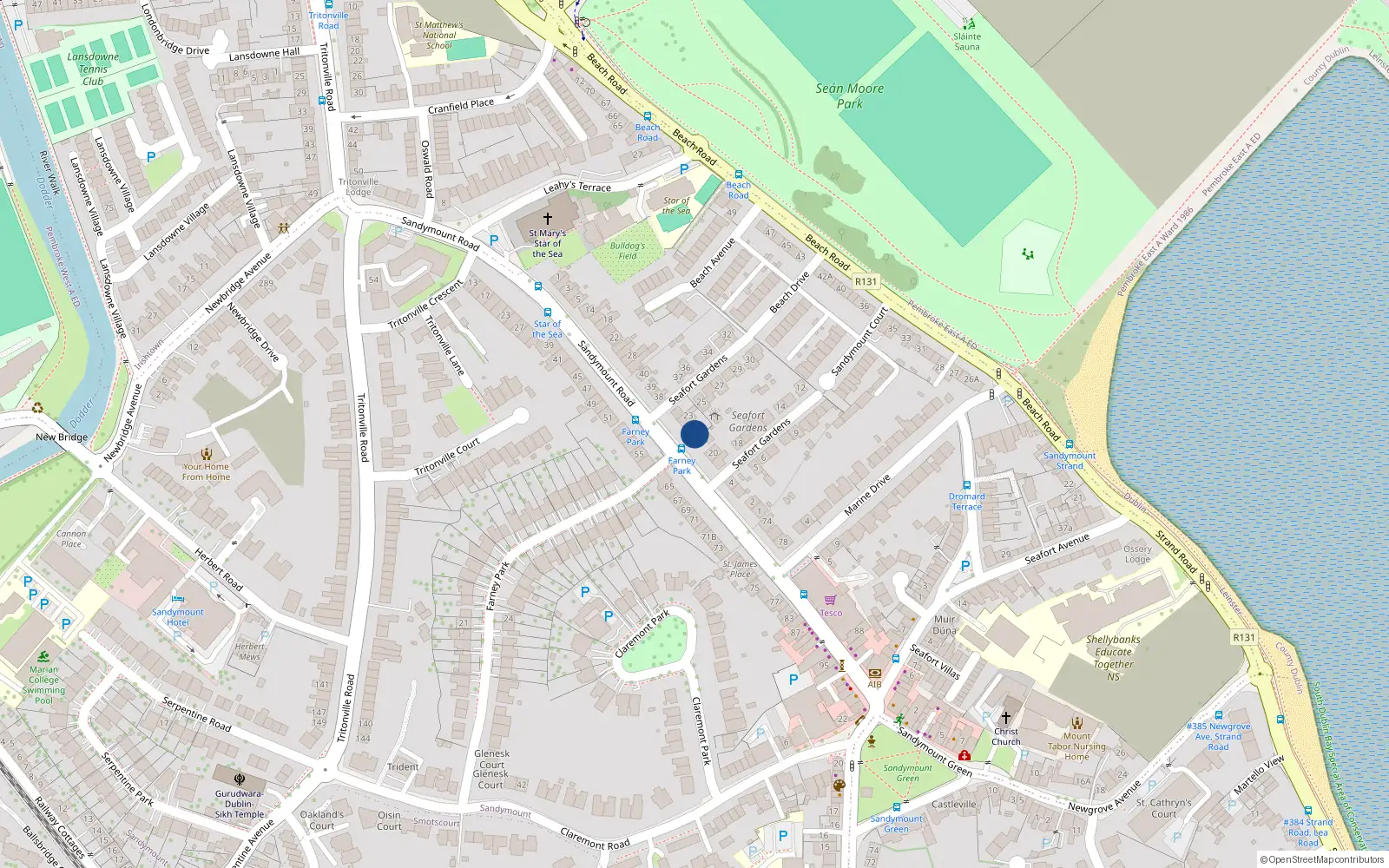 Overhead map showing the location of 22 Seafort Gardens, Sandymount