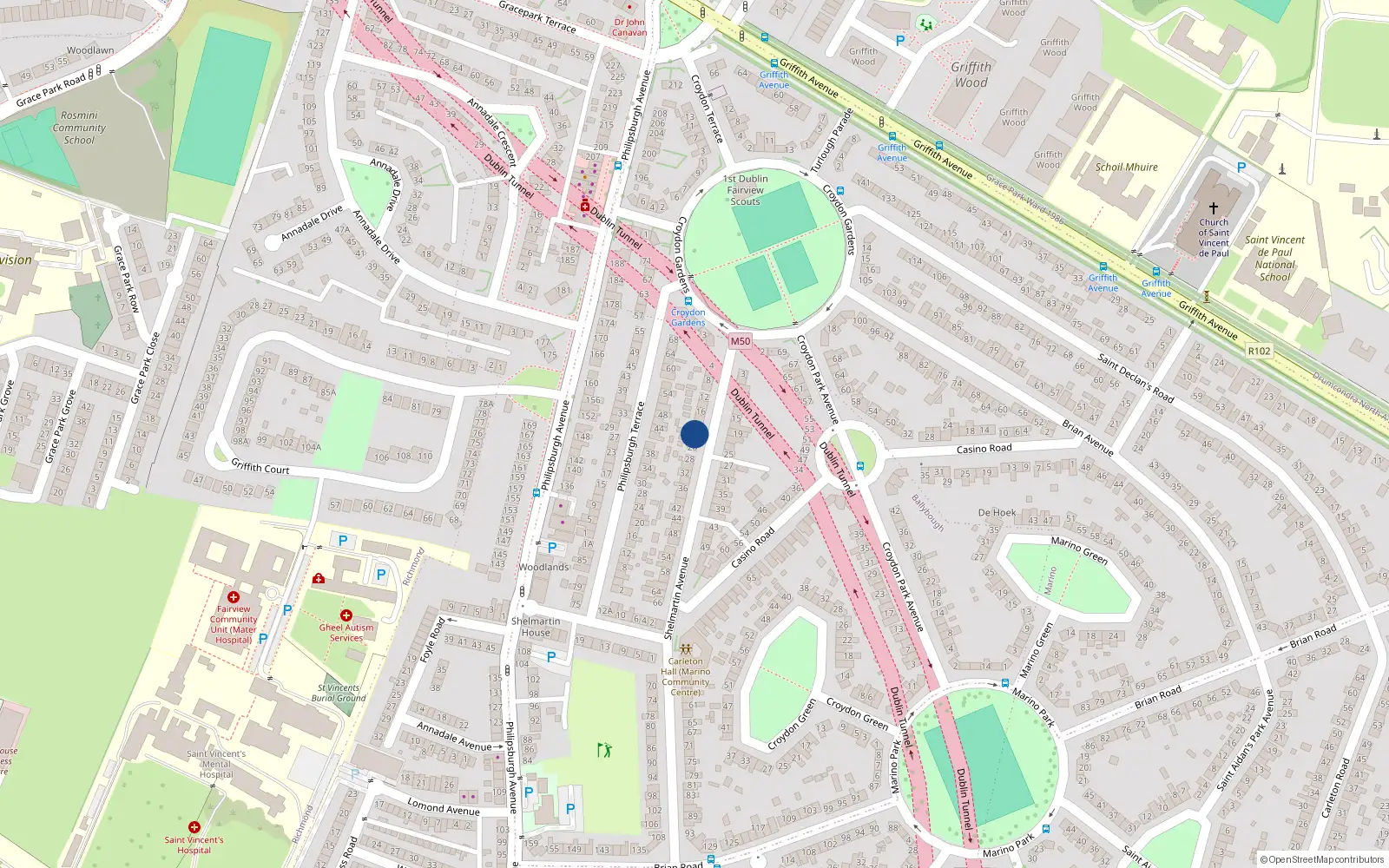 Overhead map showing the location of 22 Shelmartin Avenue, Dublin 3