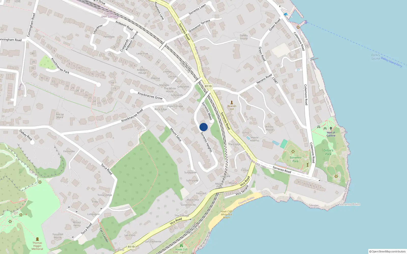 Overhead map showing the location of 22 Sorrento Road, Dublin