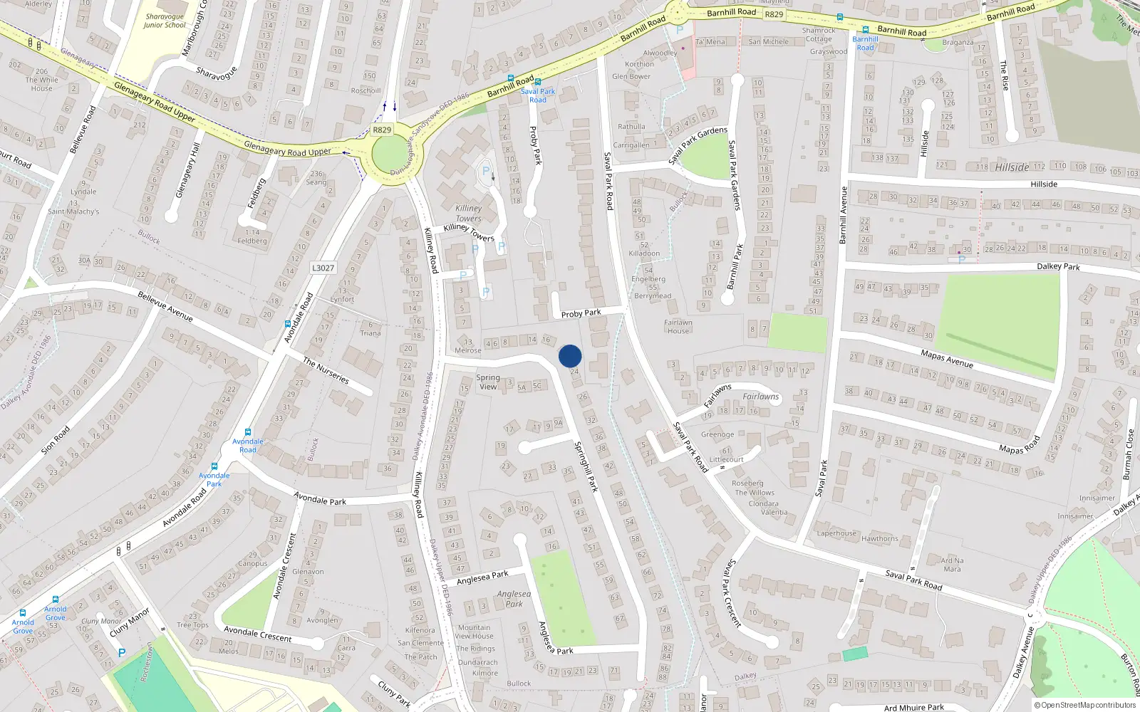 Overhead map showing the location of 22 Springhill Park, Dalkey