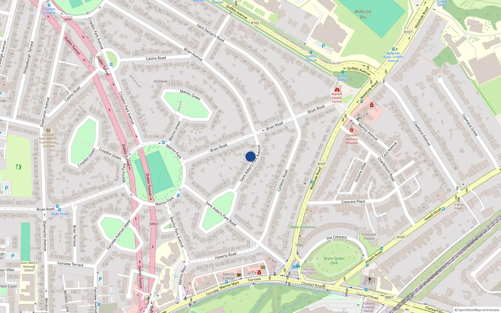 Overhead map showing the location of 22 St Aidans Park Avenue, Marino, Dublin 3