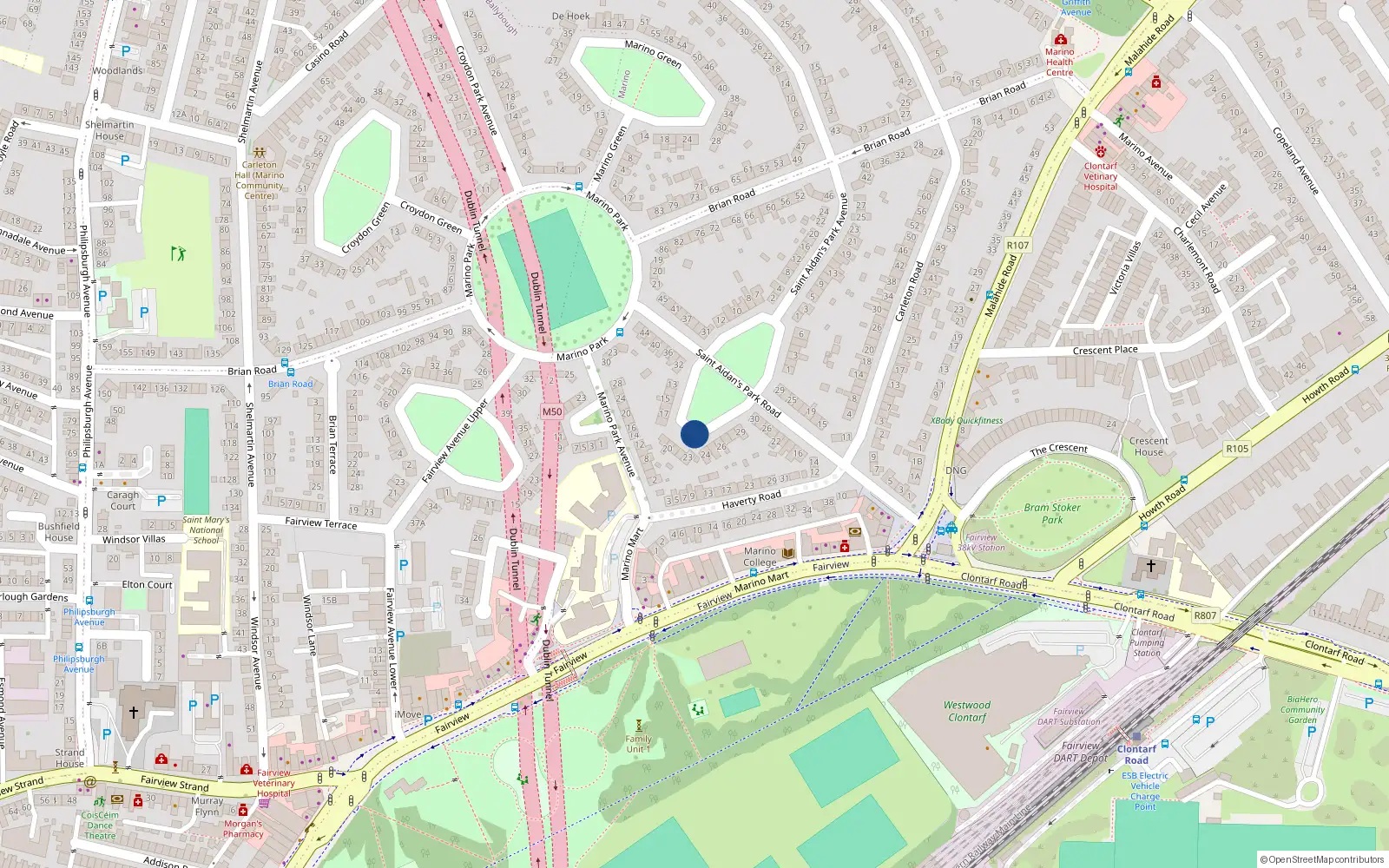 Overhead map showing the location of 22 St Aidans Park, Marino, Dublin 3