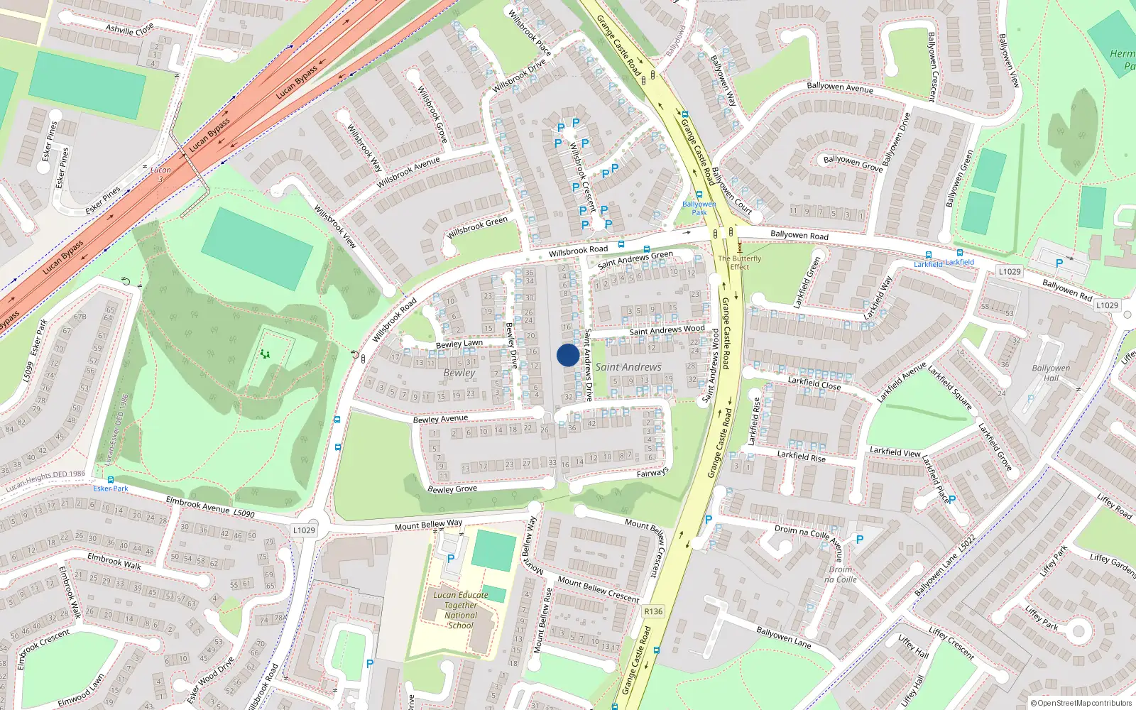 Overhead map showing the location of 22 St Andrews Drive, Fairways, Lucan