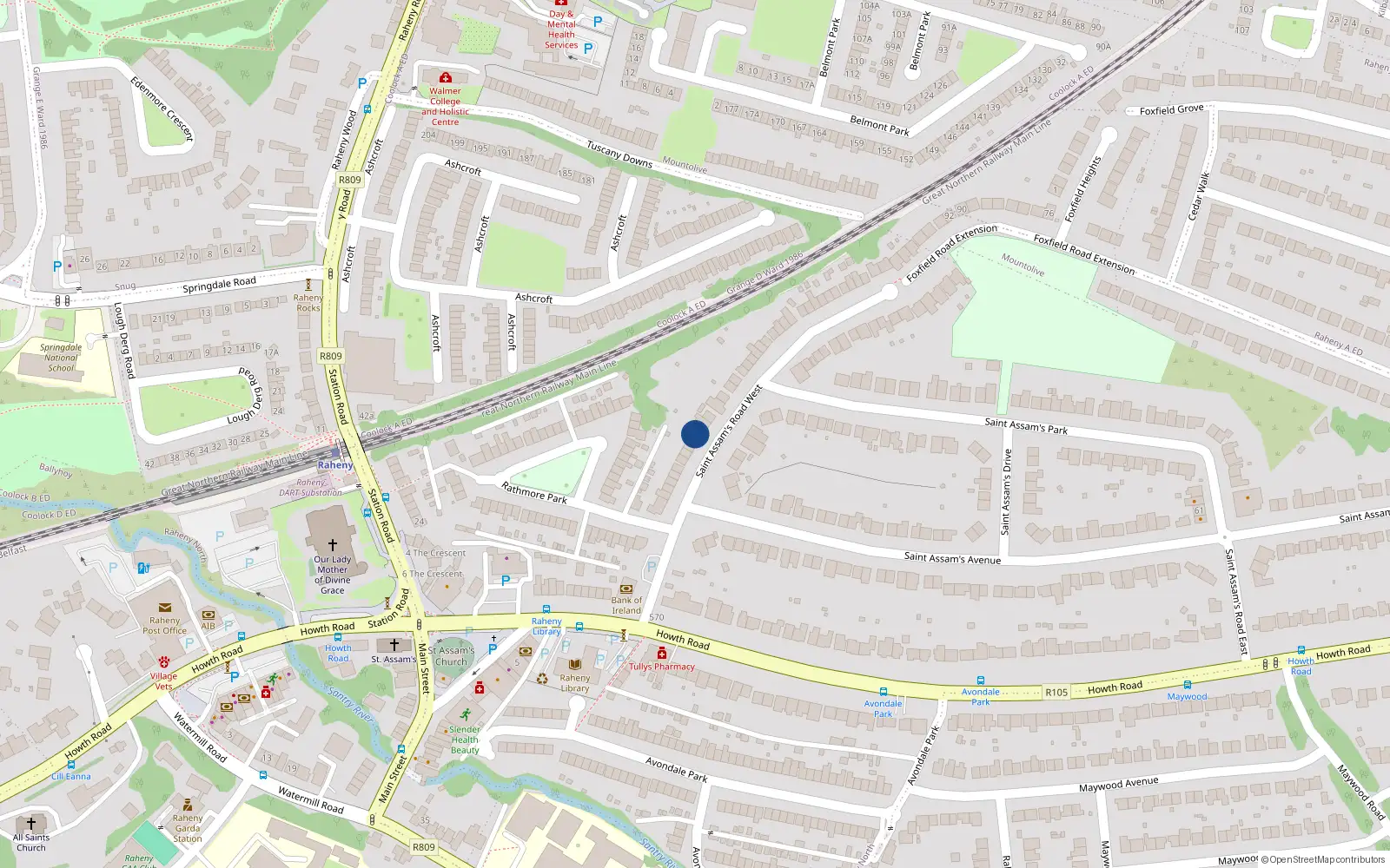 Overhead map showing the location of 22 St Assams Road West, Raheny, Dublin 5