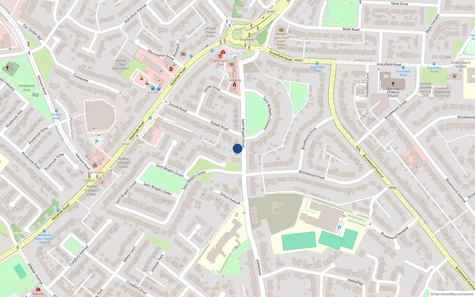 Overhead map showing the location of 22 St Brigids Road, Artane, Dublin 5