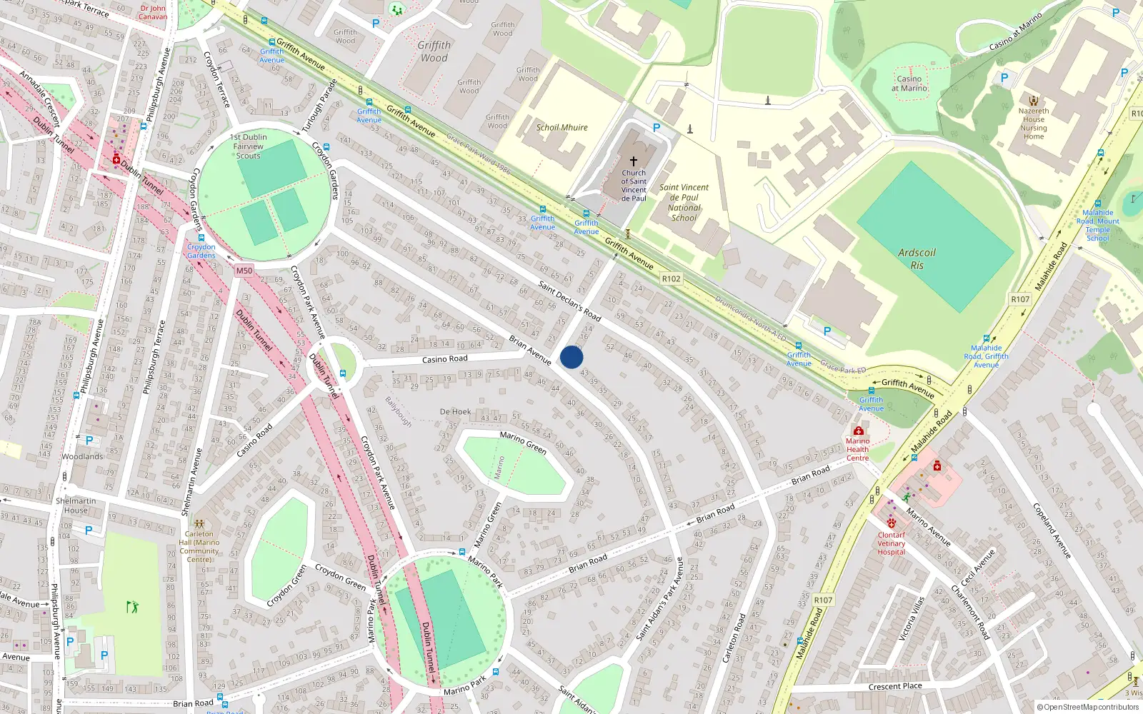 Overhead map showing the location of 22 Saint Declan's Terrace, Dublin 3