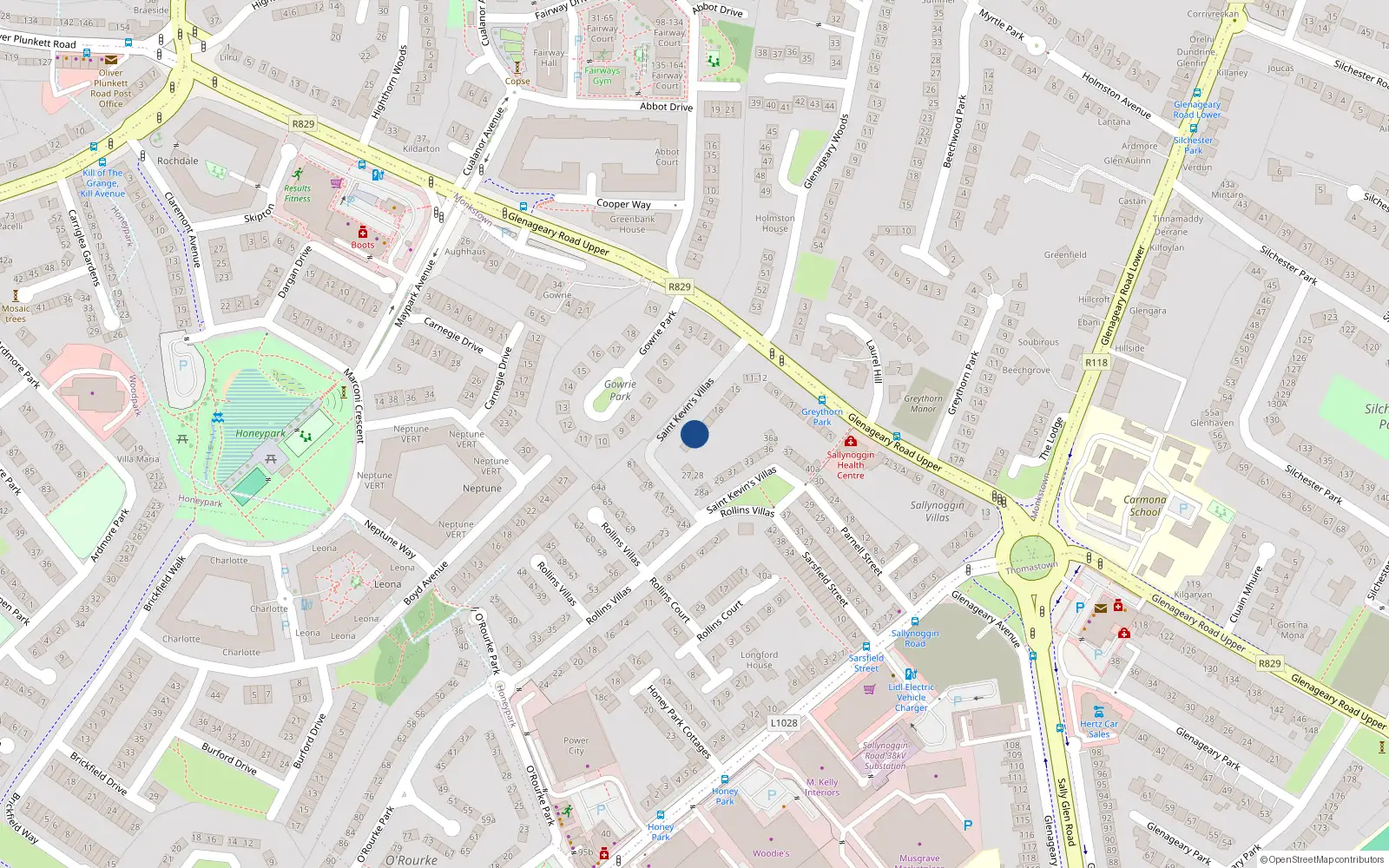 Overhead map showing the location of 22 St Kevins Villas, Sallynoggin, Dublin
