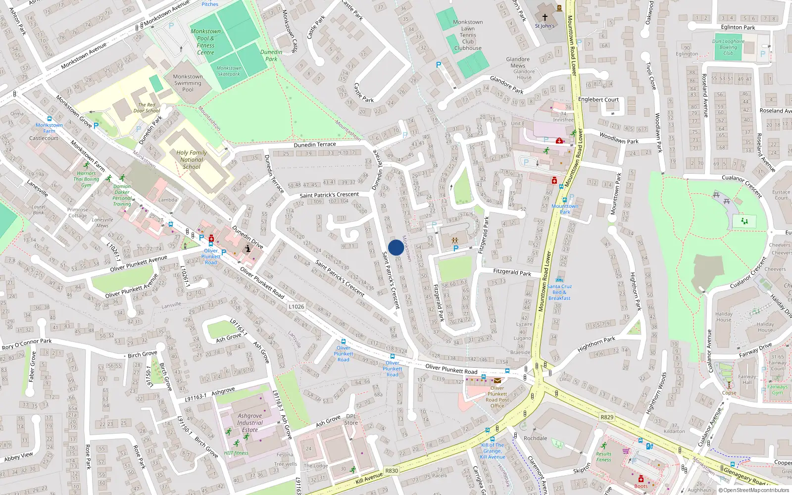 Overhead map showing the location of 22 St Patricks Crescent, Monkstown Farm, Dun Laoghaire