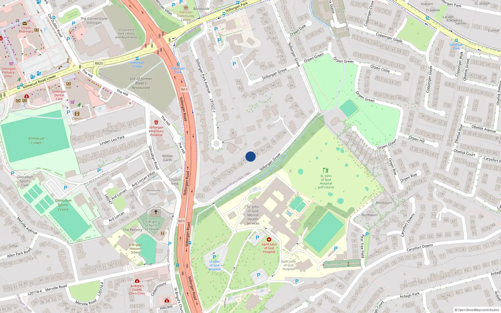 Overhead map showing the location of 22 Stillorgan Grove, Dublin