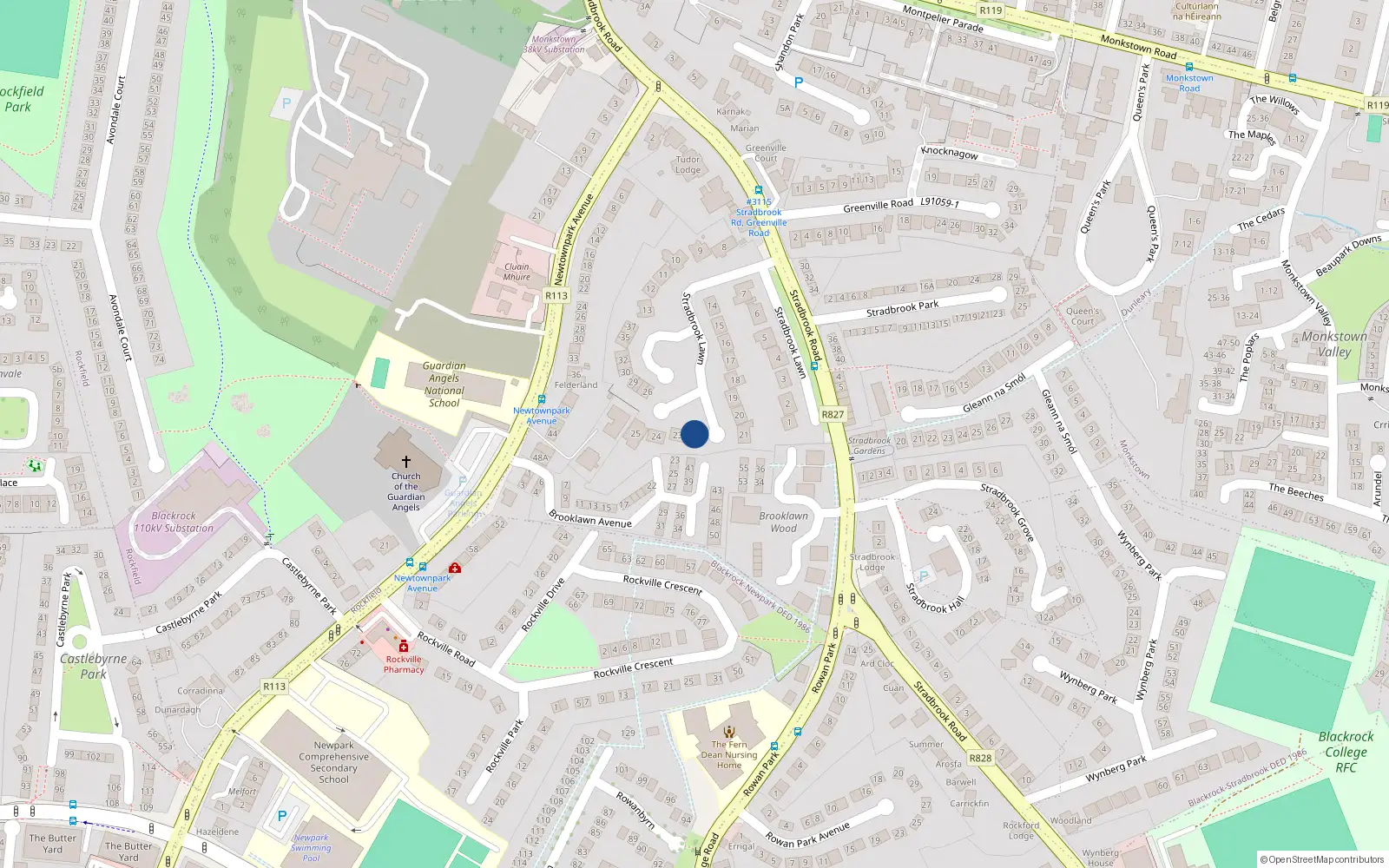 Overhead map showing the location of 22 Stradbrook Lawn, Blackrock