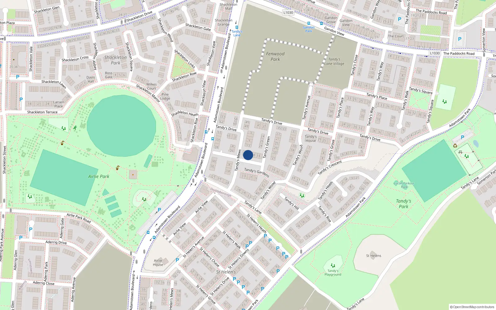 Overhead map showing the location of 22 Tandy's Gardens, Adamstown, Dublin