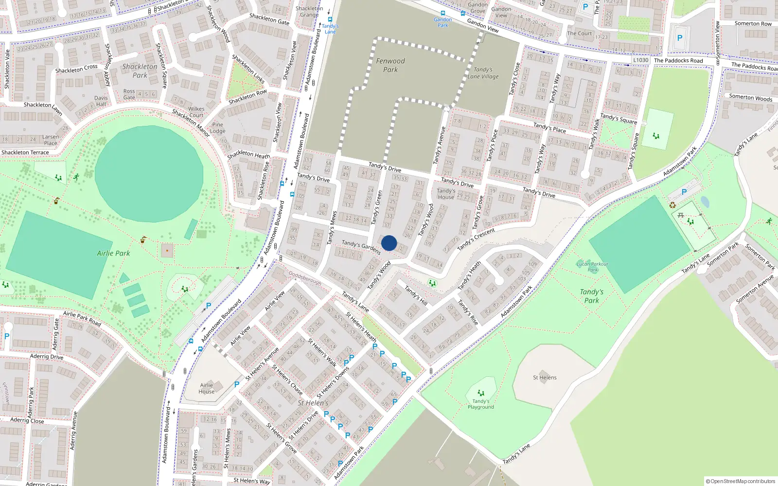Overhead map showing the location of 22 Tandy's Green, Doddsborough