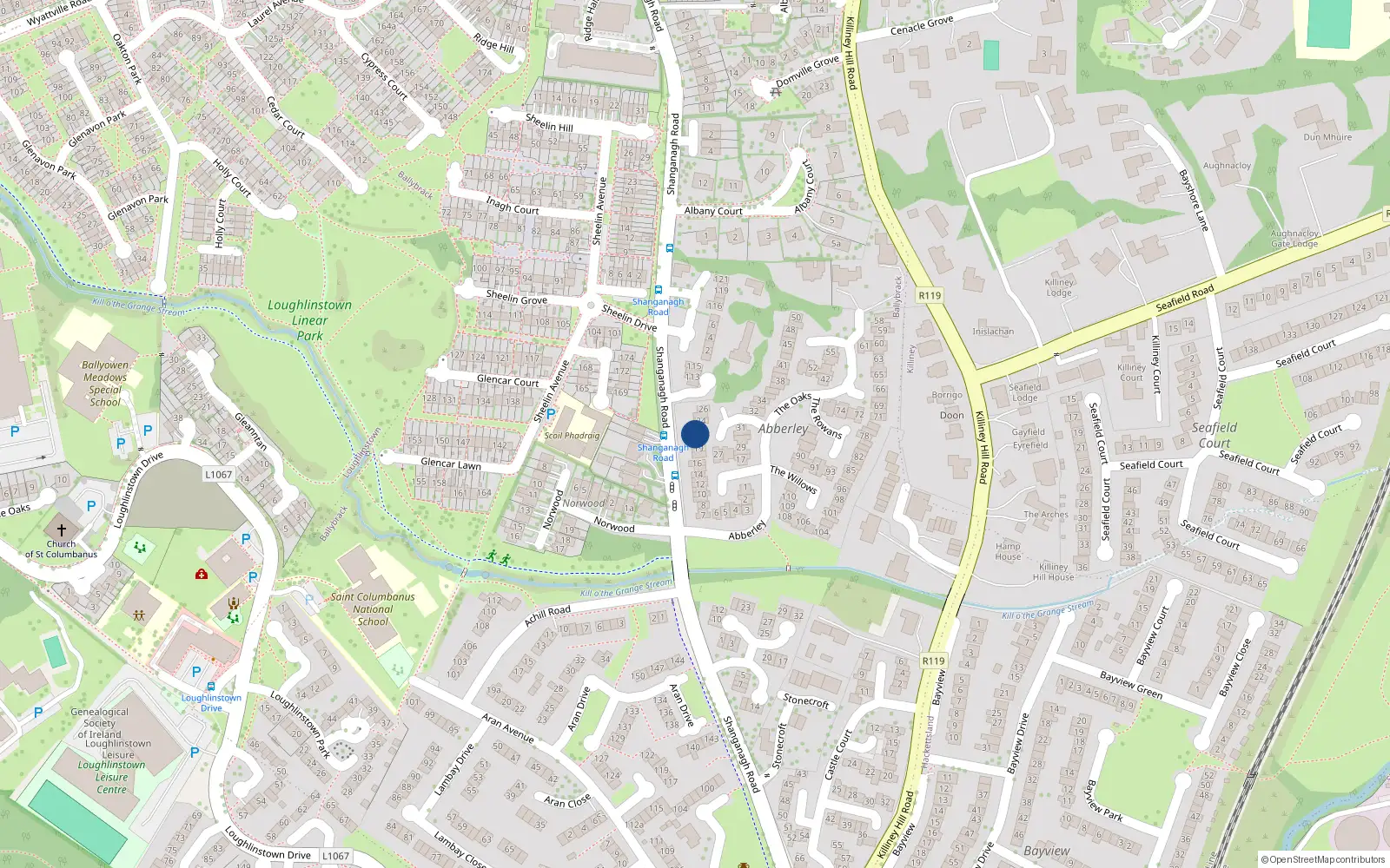 Overhead map showing the location of 22 the Beeches, Abberley, Killiney