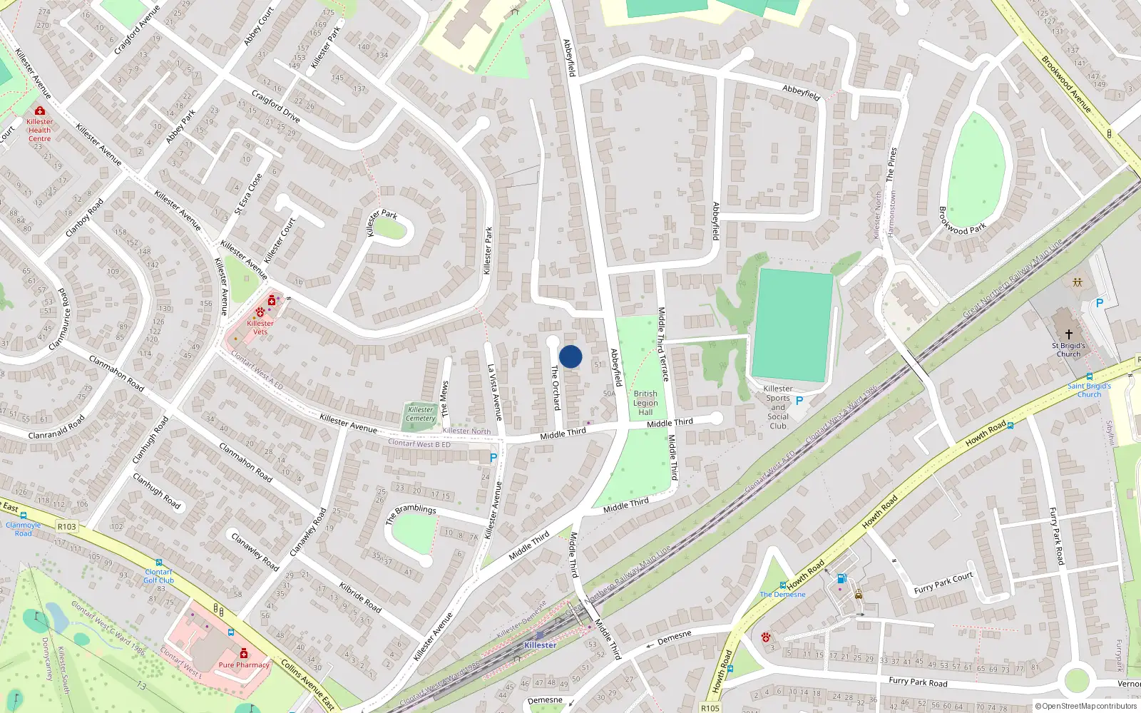 Overhead map showing the location of 22 The Orchard, Dublin 5