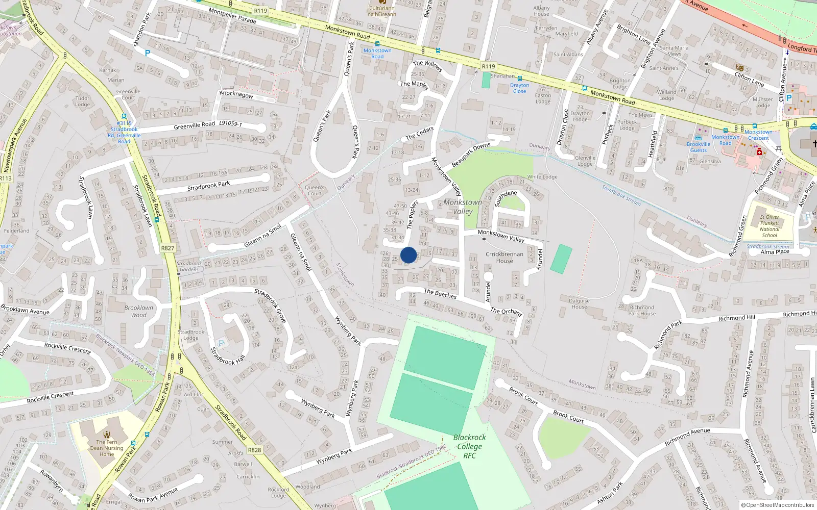 Overhead map showing the location of 22 The Poplars, Monkstown