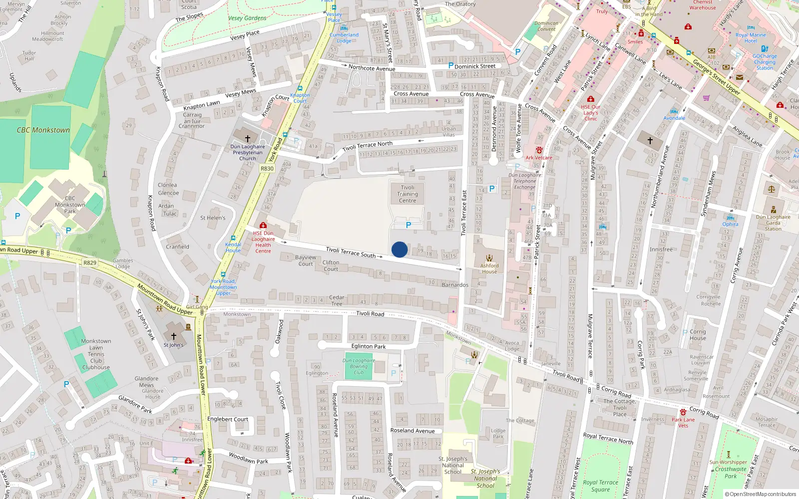 Overhead map showing the location of 22 Tivoli Terrace South, Dun Laoghaire, Dublin