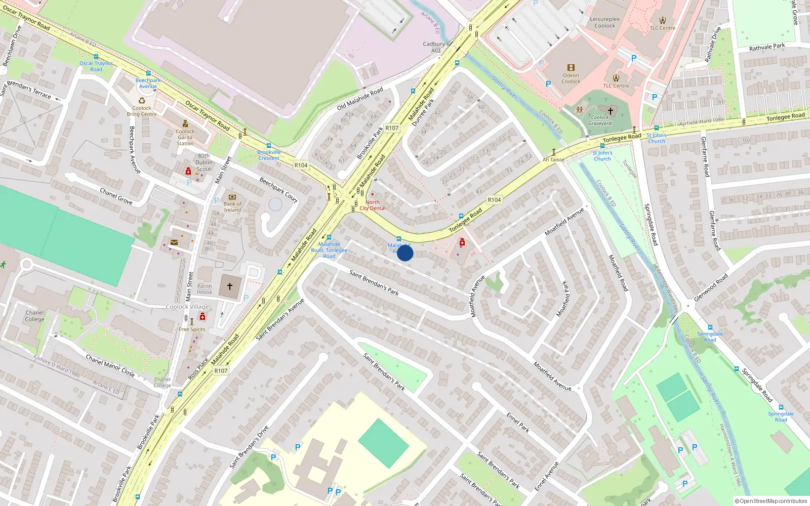 Overhead map showing the location of 22 Tonlegee Road, Dublin 5