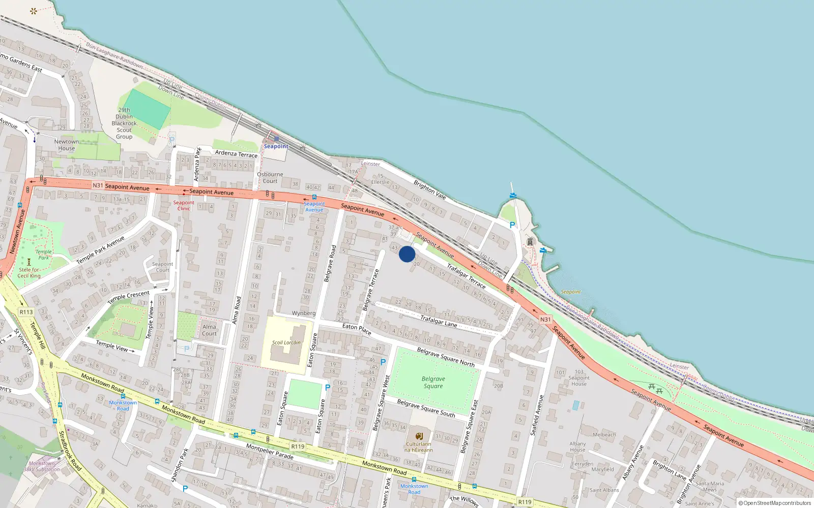 Overhead map showing the location of 22 Trafalgar Terrace, Blackrock