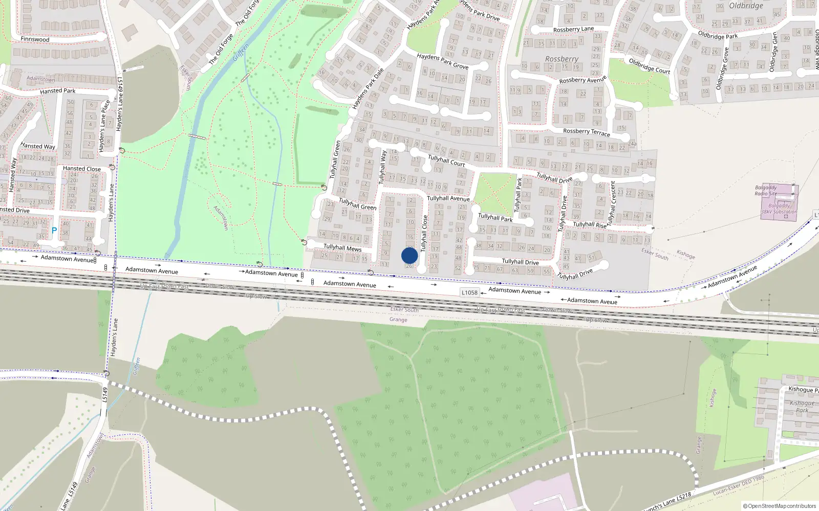 Overhead map showing the location of 22 Tullyhall Close, Lucan