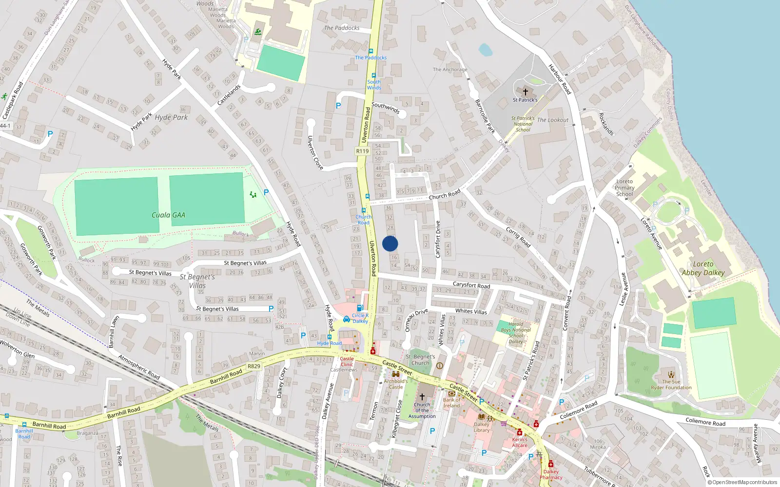 Overhead map showing the location of 22 Ulverton Road, Dalkey, Dublin