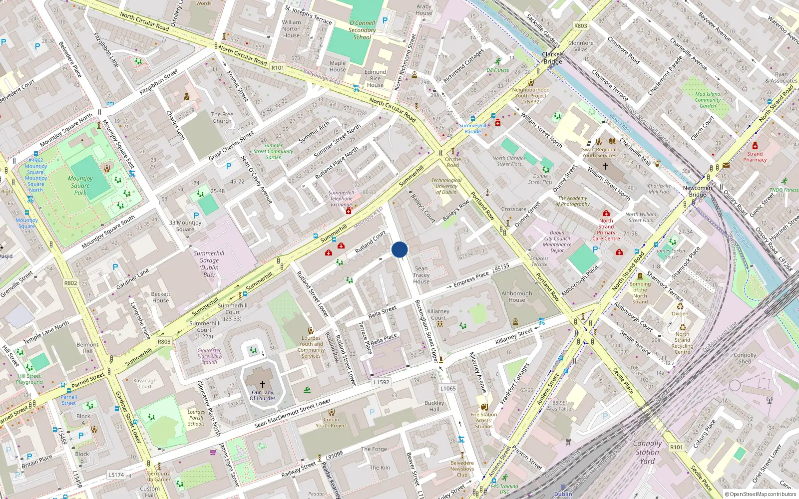Overhead map showing the location of 22 Buckingham Street Upper, Dublin