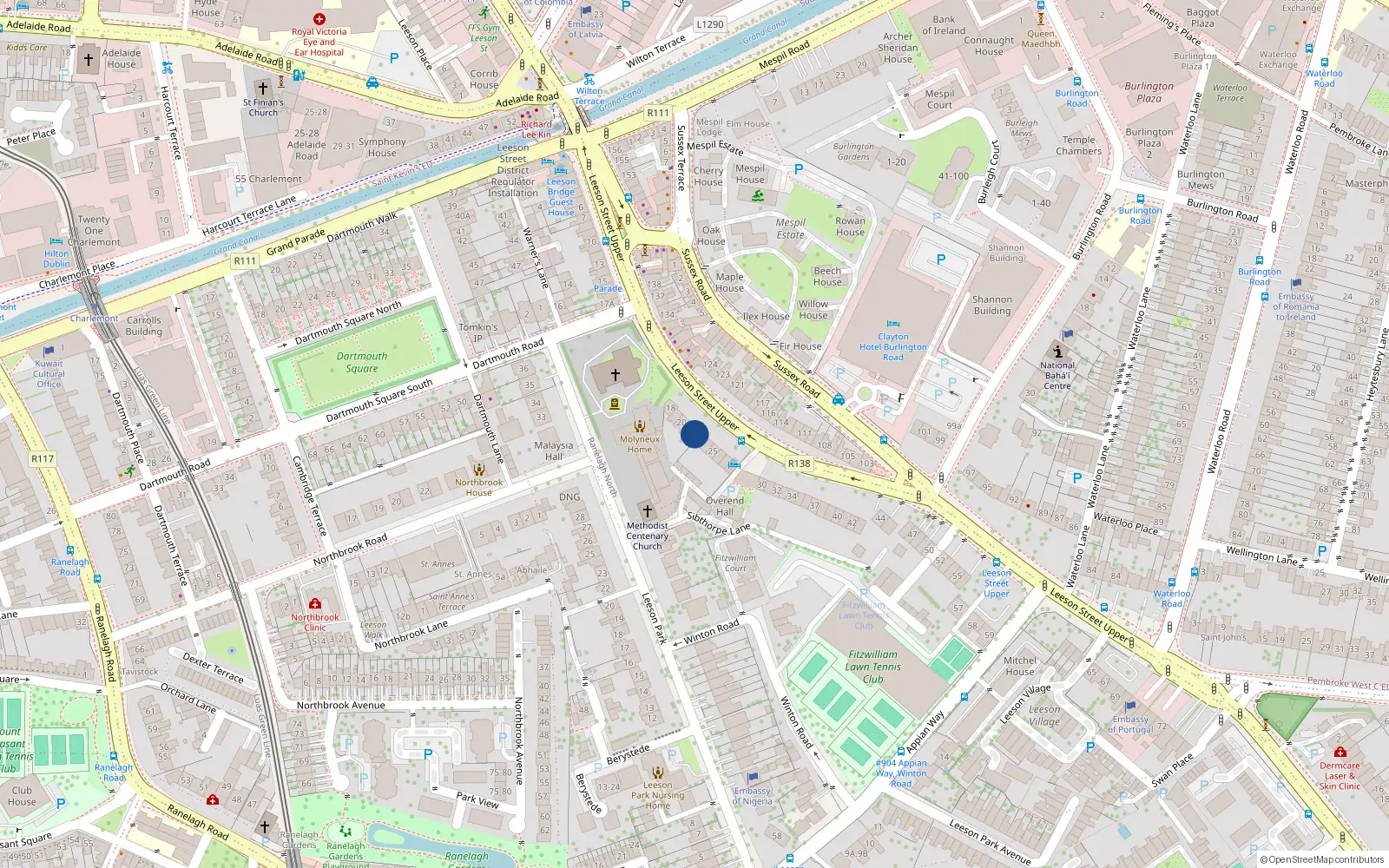 Overhead map showing the location of 22 Leeson Street Upper, Dublin