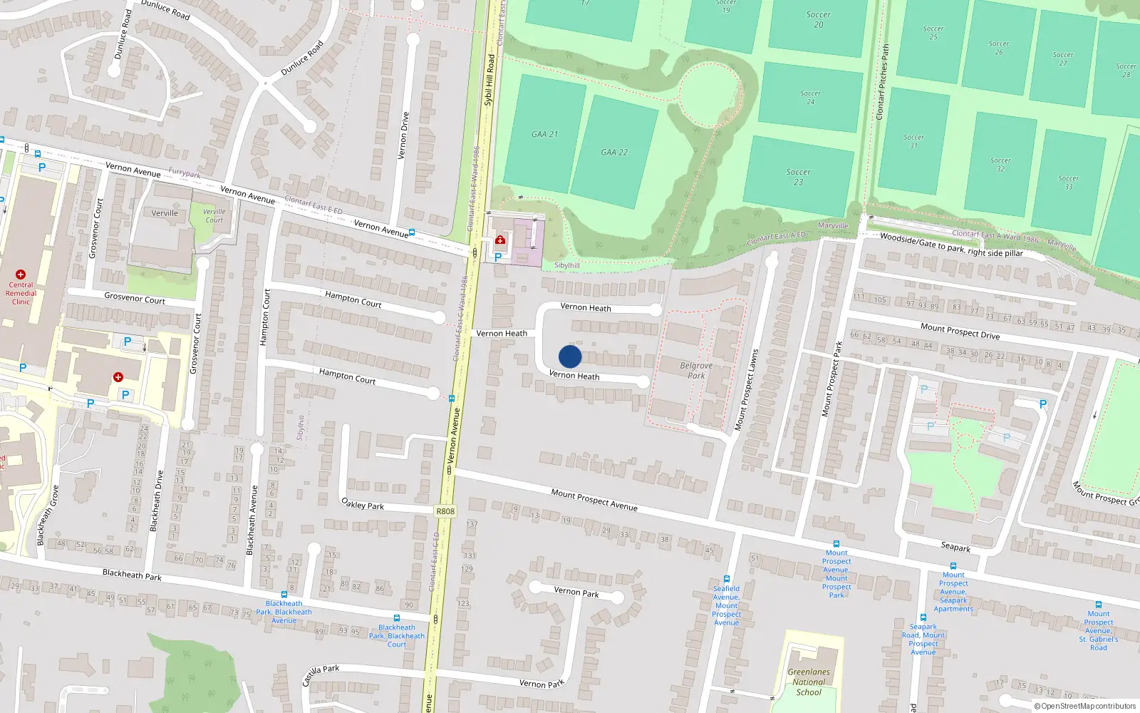 Overhead map showing the location of 22 Vernon Heath, Clontarf, Dublin 3