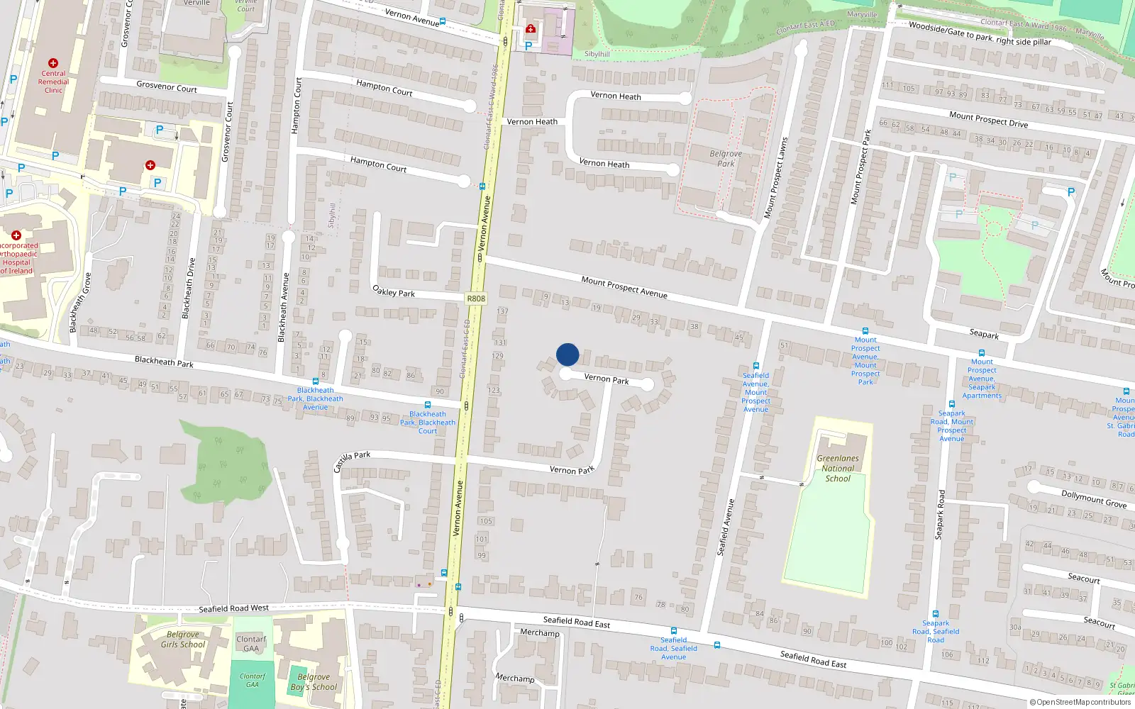 Overhead map showing the location of 22 Vernon Park, Clontarf, Dublin 3