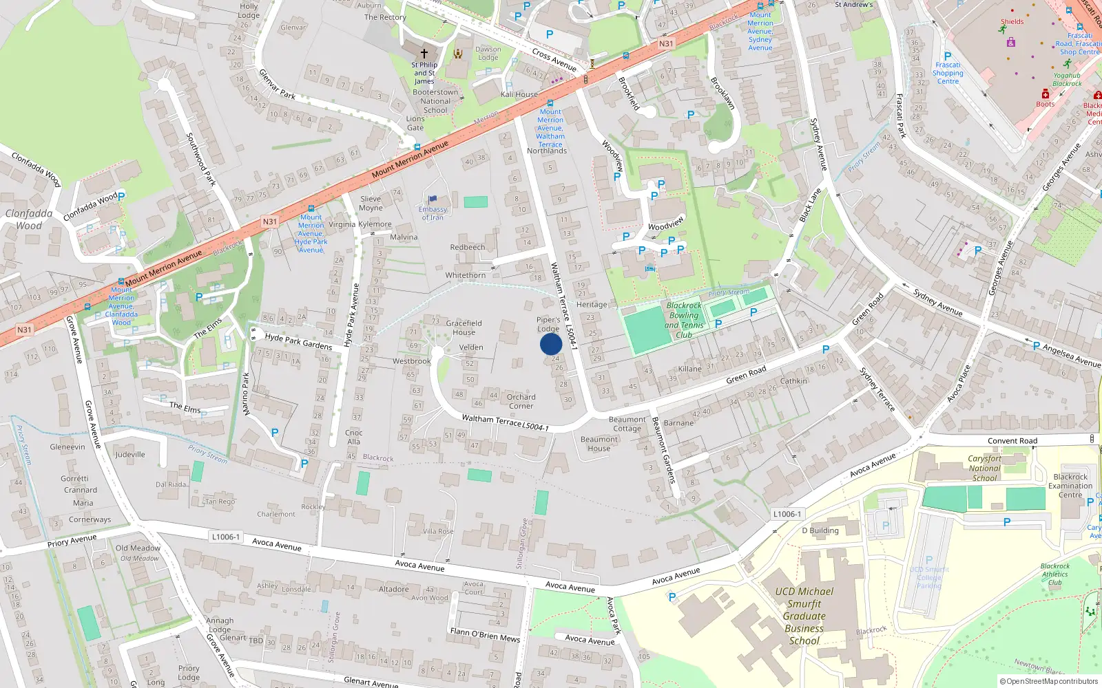 Overhead map showing the location of 22 Waltham Terrace, Blackrock