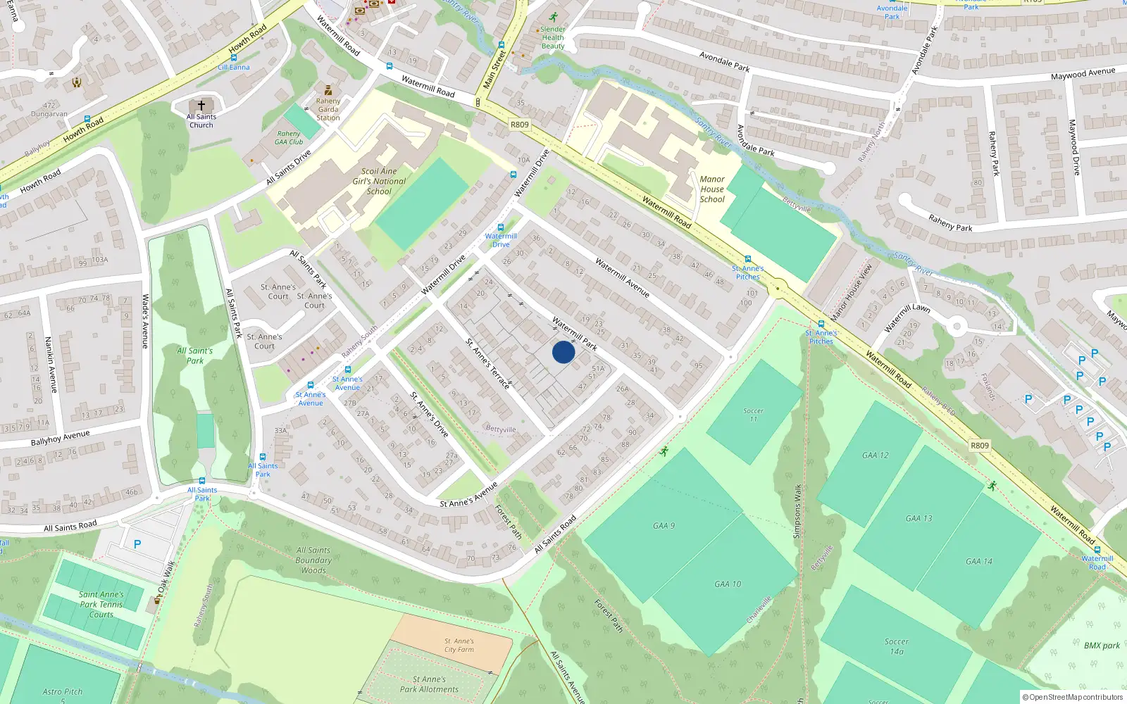 Overhead map showing the location of 22 Watermill Park, Dublin 5