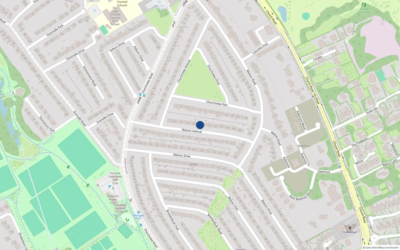 Overhead map showing the location of 22 Watson Avenue, Killiney, Dublin