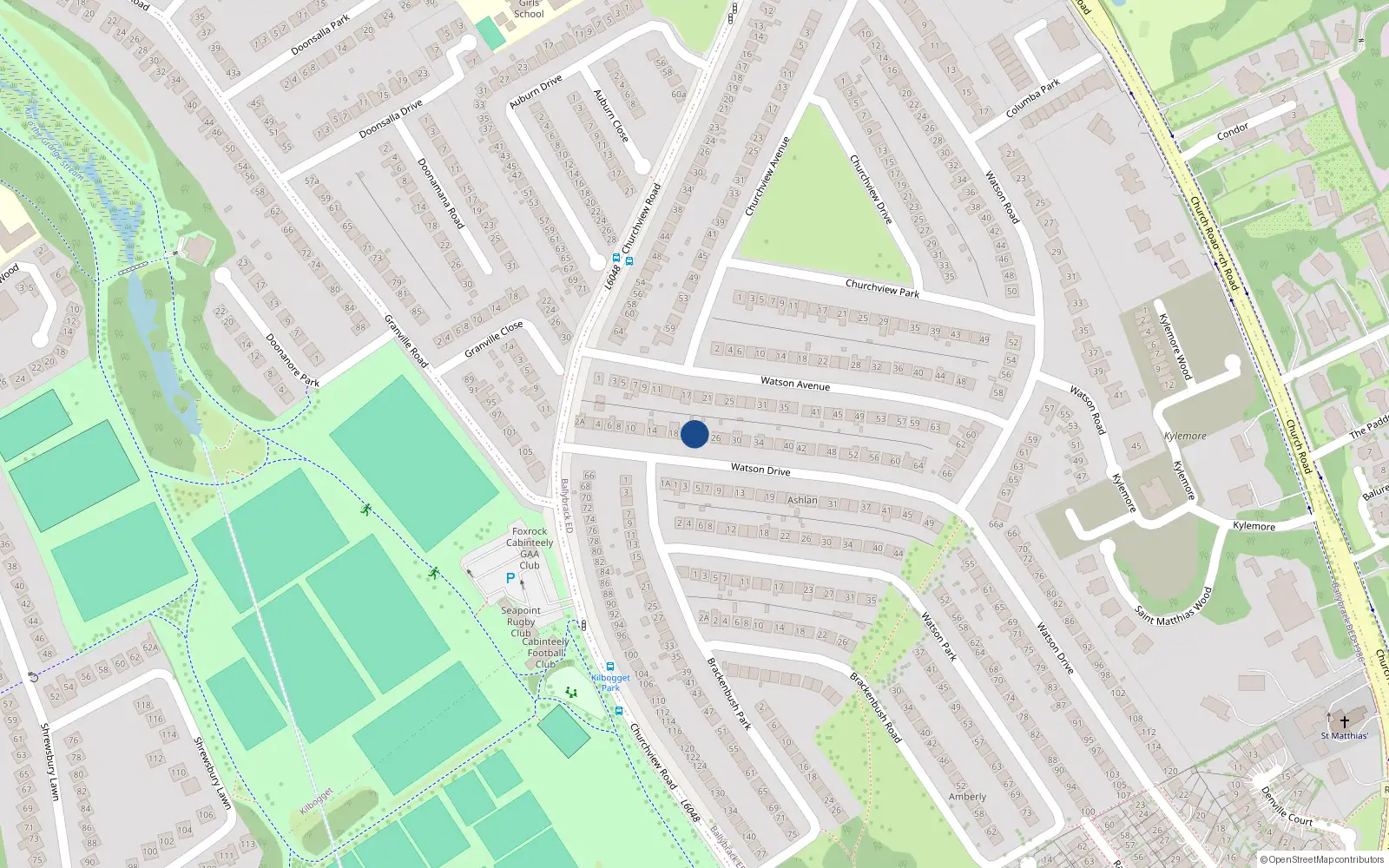 Overhead map showing the location of 22 Watson Drive, Killiney