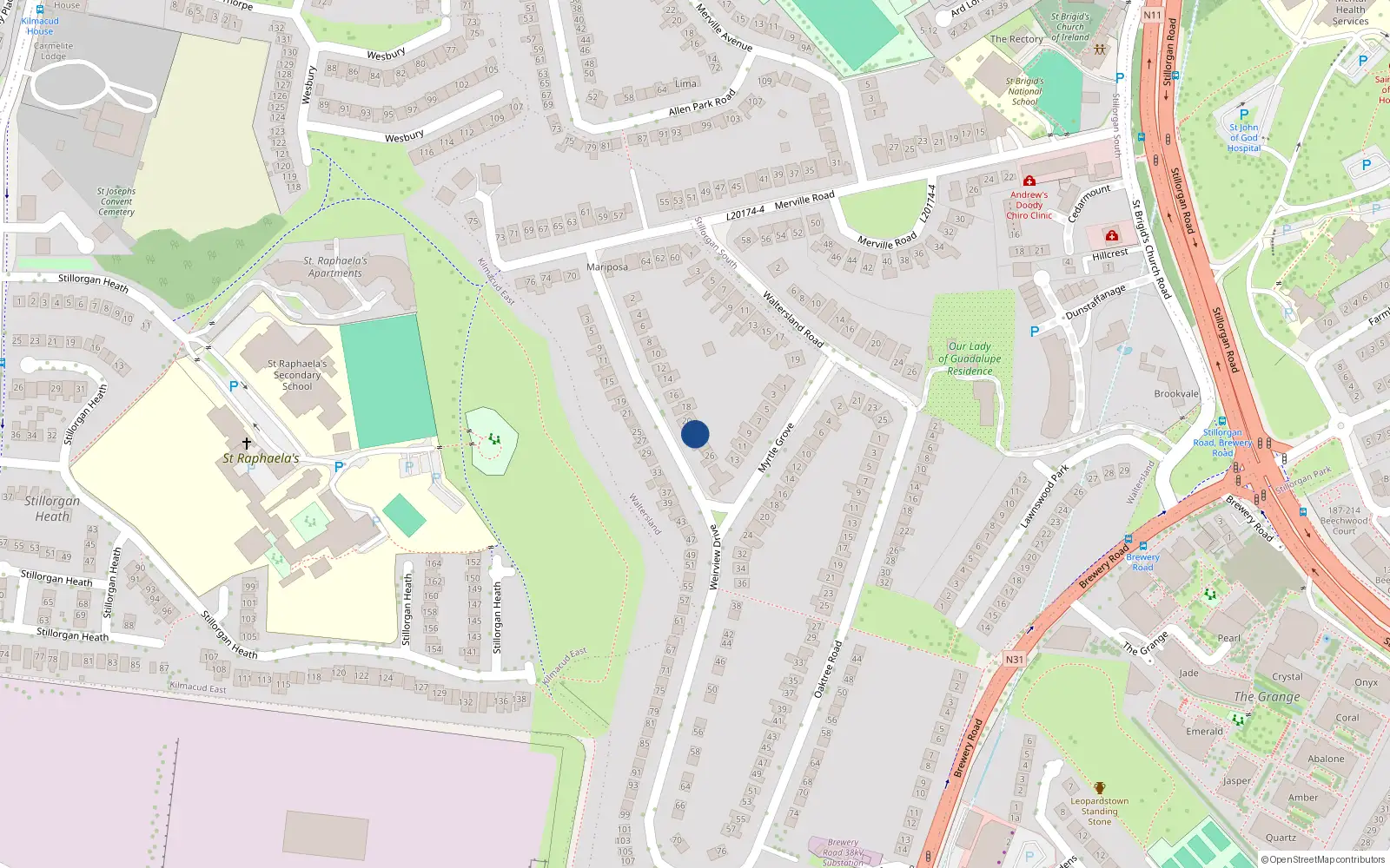 Overhead map showing the location of 22 Wierview Drive, Stillorgan, Dublin