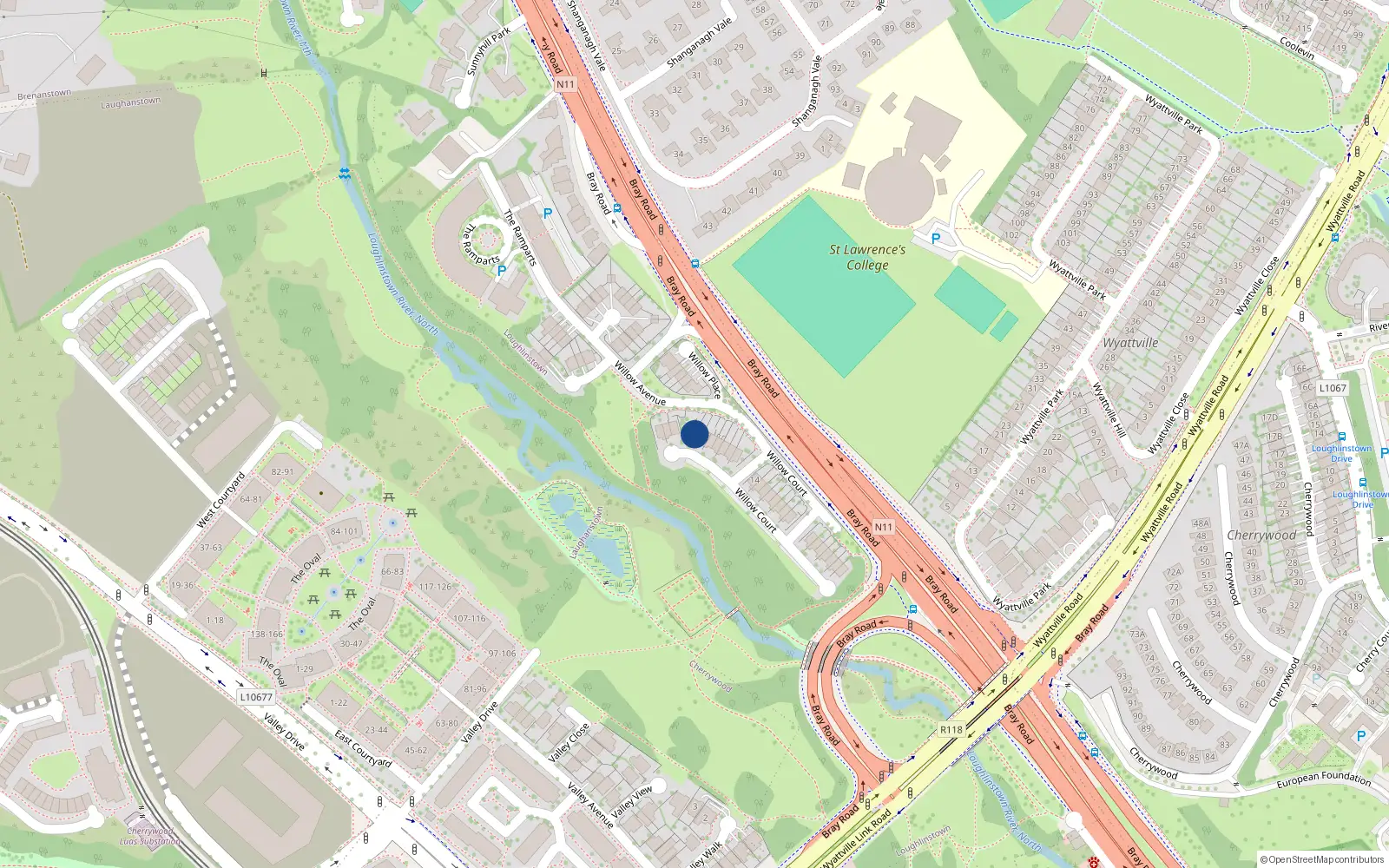 Overhead map showing the location of 22 Willow Court, Cabinteely