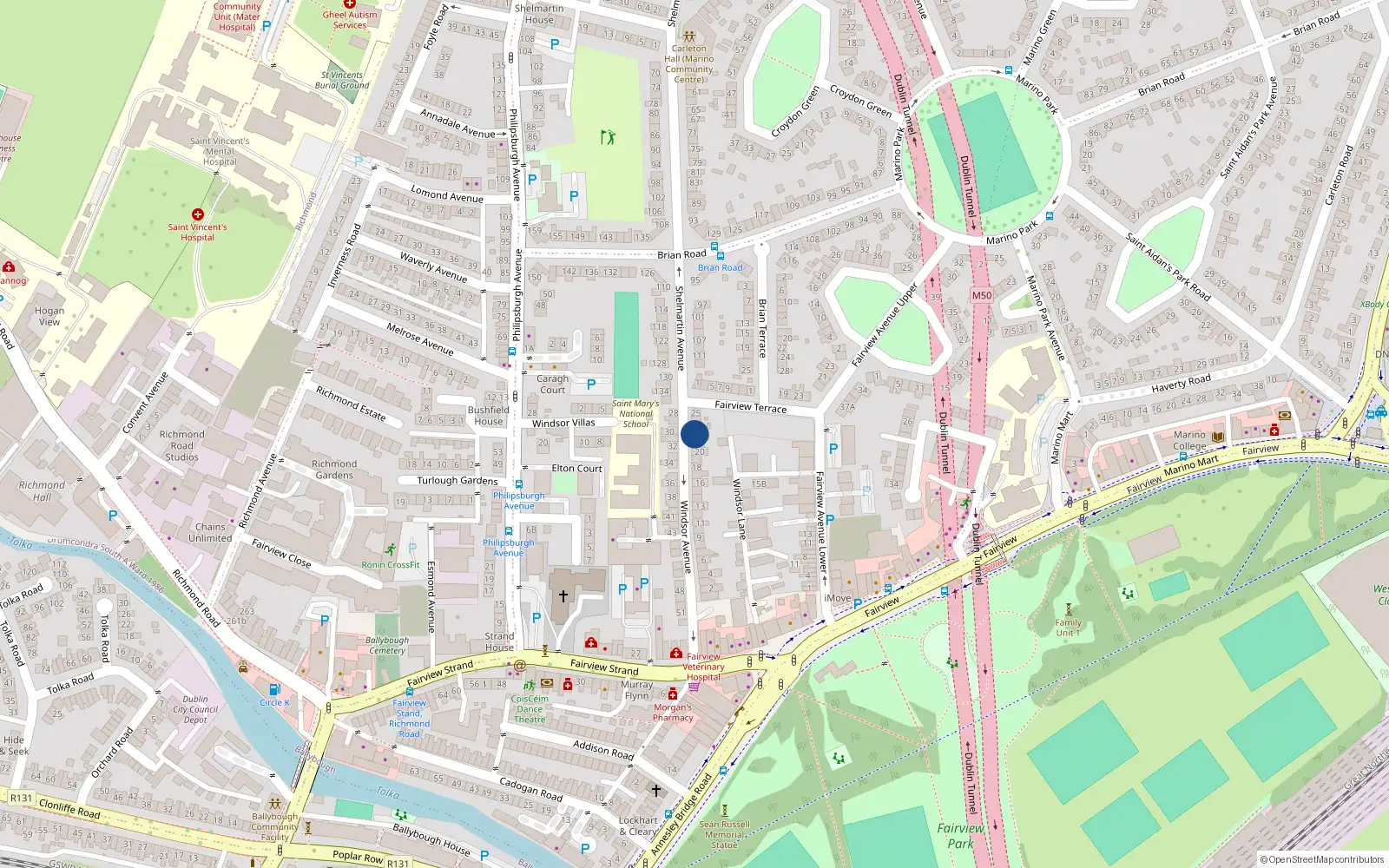 Overhead map showing the location of 22 Windsor Avenue, Fairview, Dublin 3
