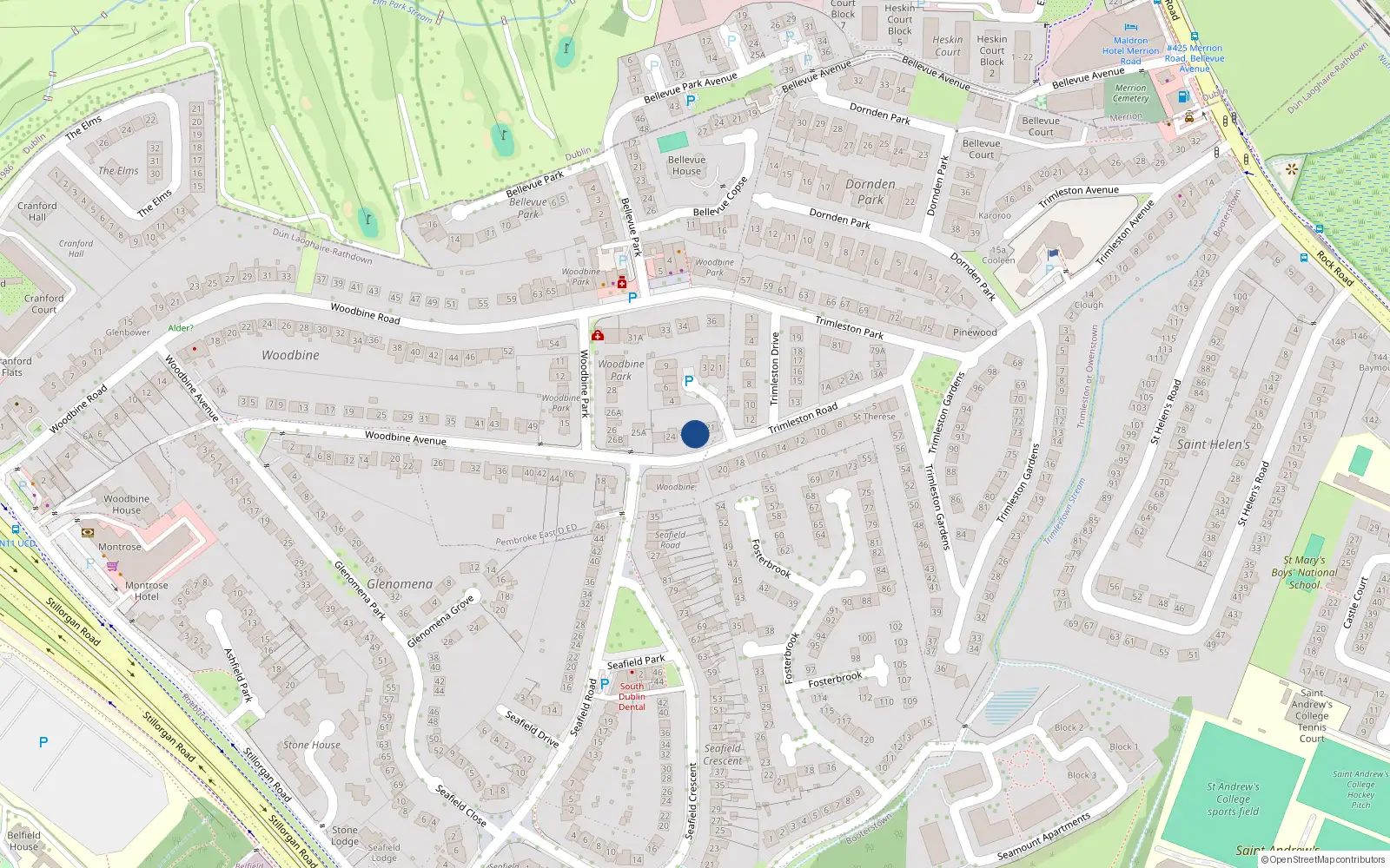Overhead map showing the location of 22 Woodbine Park, Blackrock, Dublin