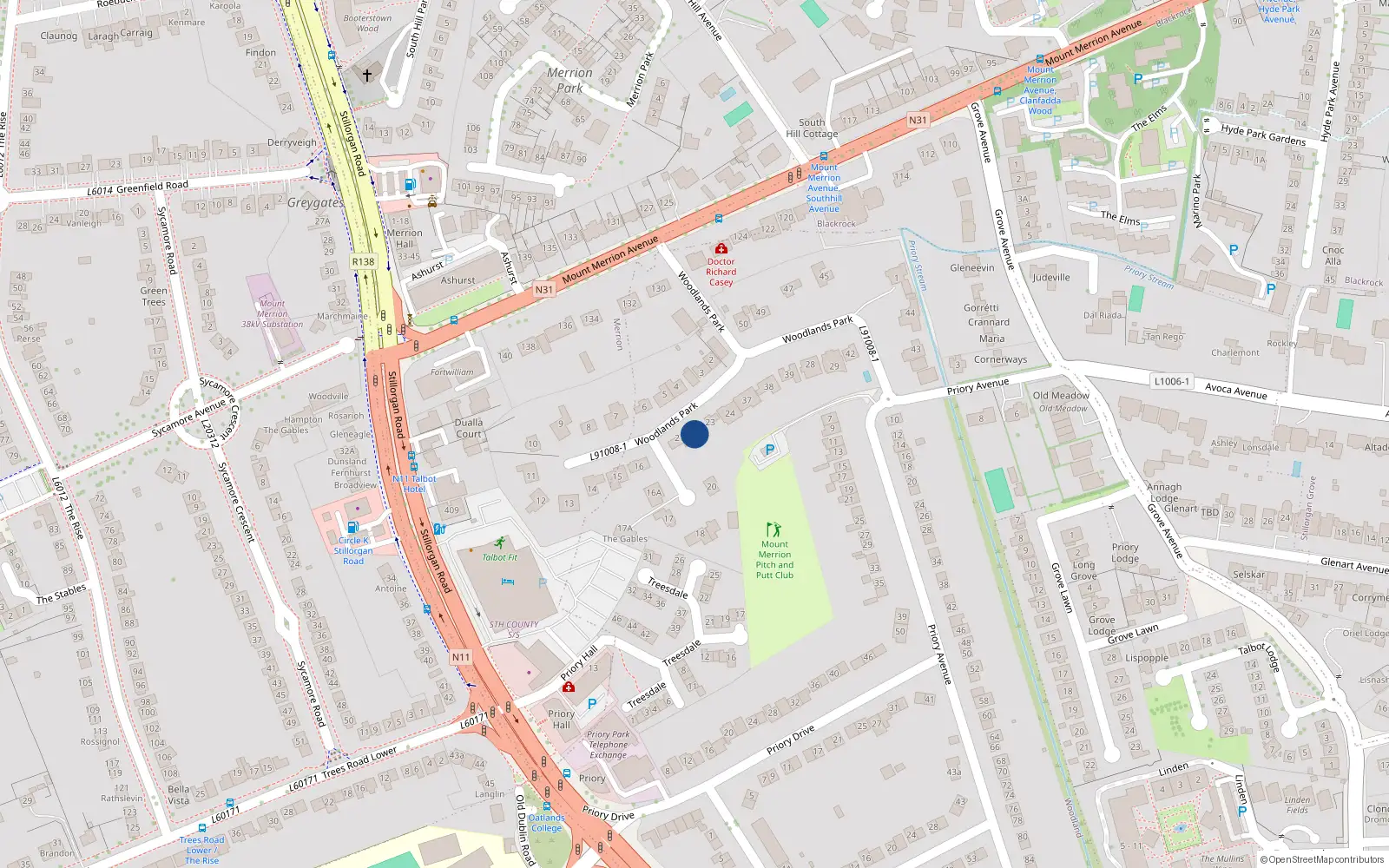 Overhead map showing the location of 22 Woodlands Park, Mount Merrion Avenue, Blackrock