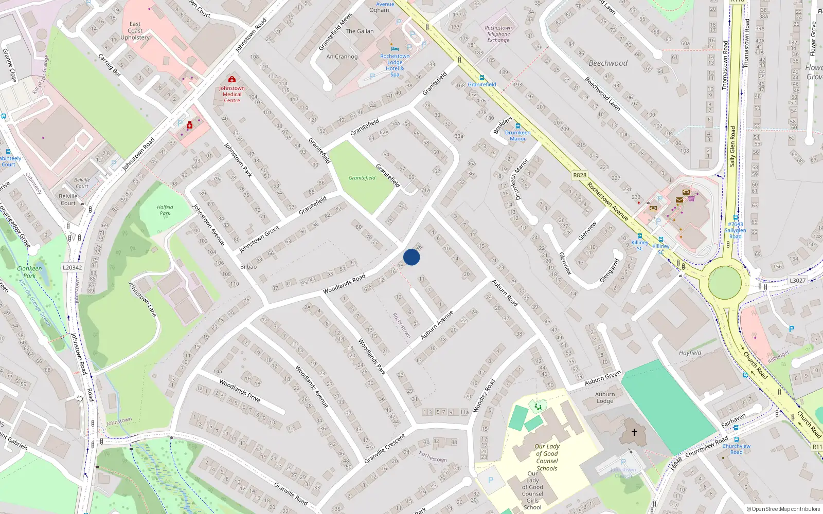 Overhead map showing the location of 22 Woodlands Road, Dublin