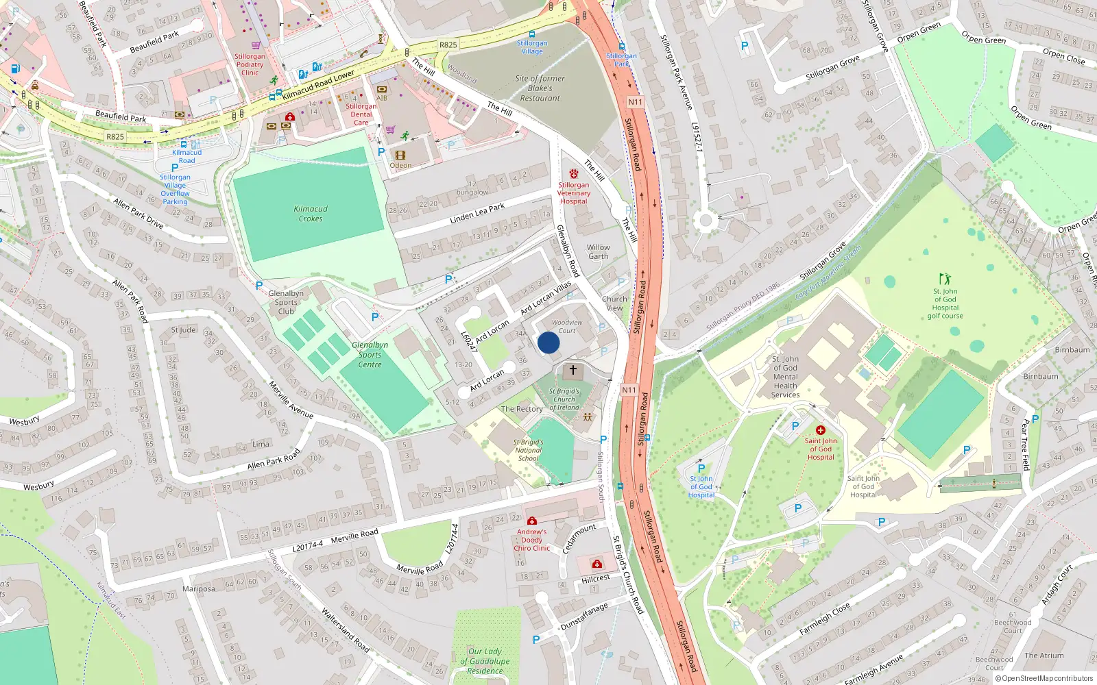Overhead map showing the location of 22 Woodview Court, Glenalbyn Road, Stillorgan