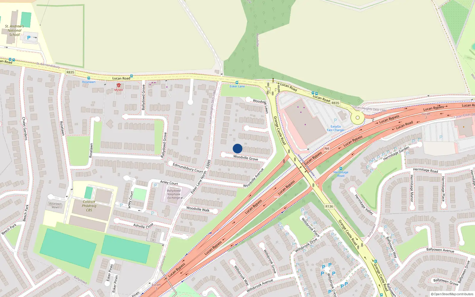Overhead map showing the location of 22 Woodville Grove, Lucan