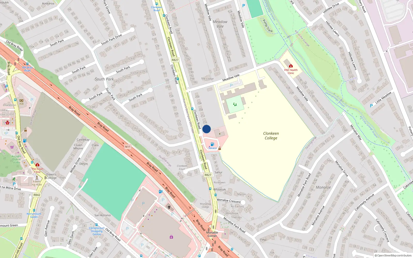 Overhead map showing the location of 220 Clonkeen Road, Blackrock, Dublin