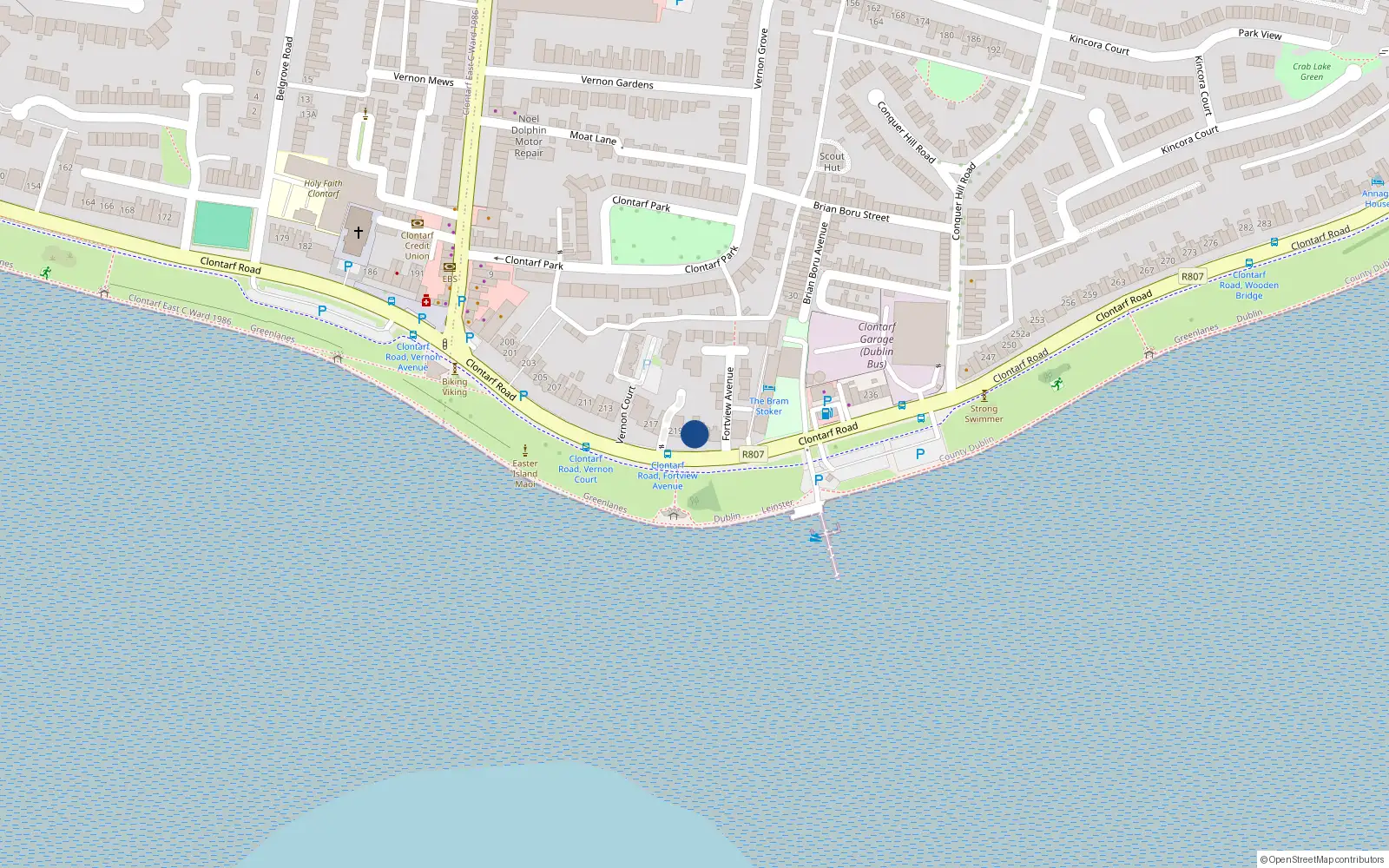 Overhead map showing the location of 221 Clontarf Road, Dublin 3