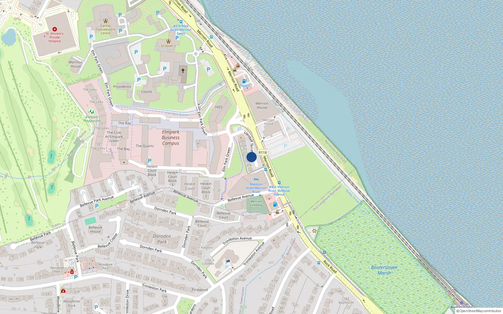 Overhead map showing the location of 221 Llandaff Terrace, Elm Park, Merrion