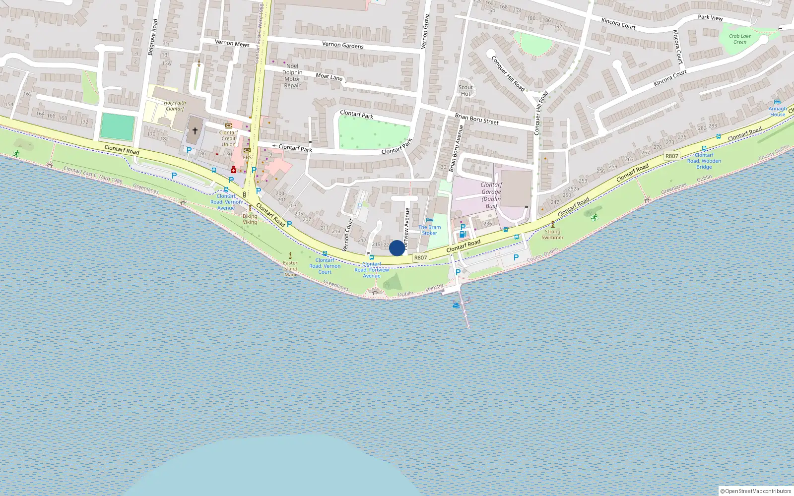 Overhead map showing the location of 223 Clontarf Road, Dublin 3