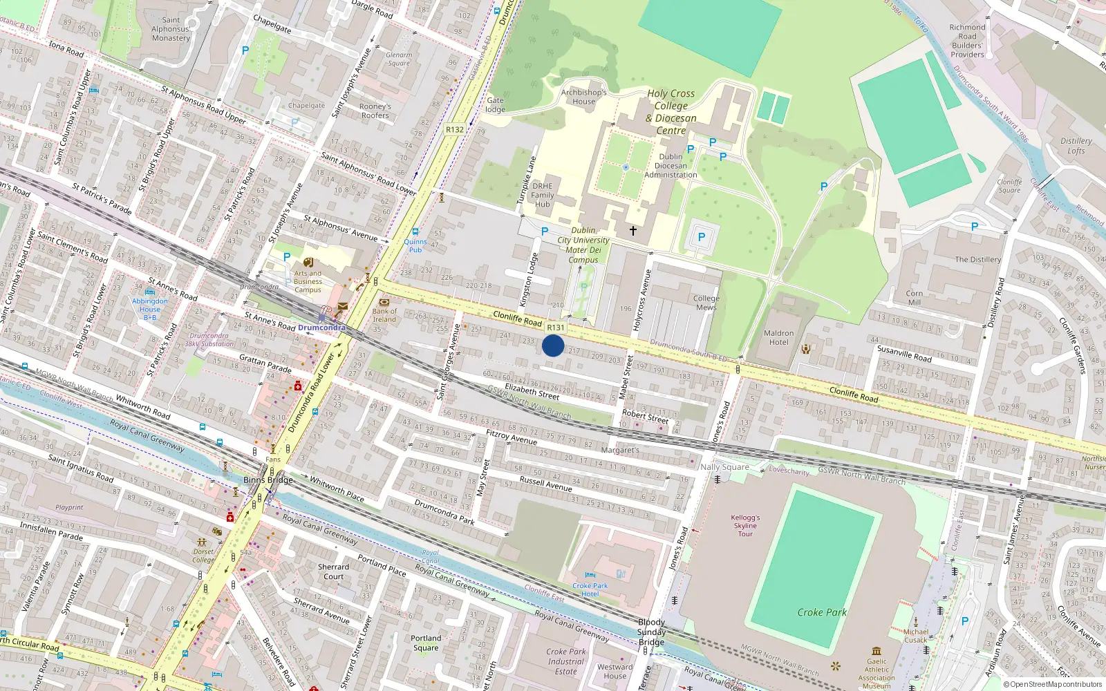 Overhead map showing the location of 225 Clonliffe Road, Dublin 3