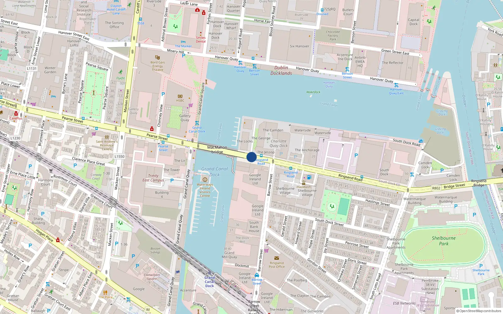 Overhead map showing the location of 225 the Waterside Apts, Ringsend Road, Dublin 4