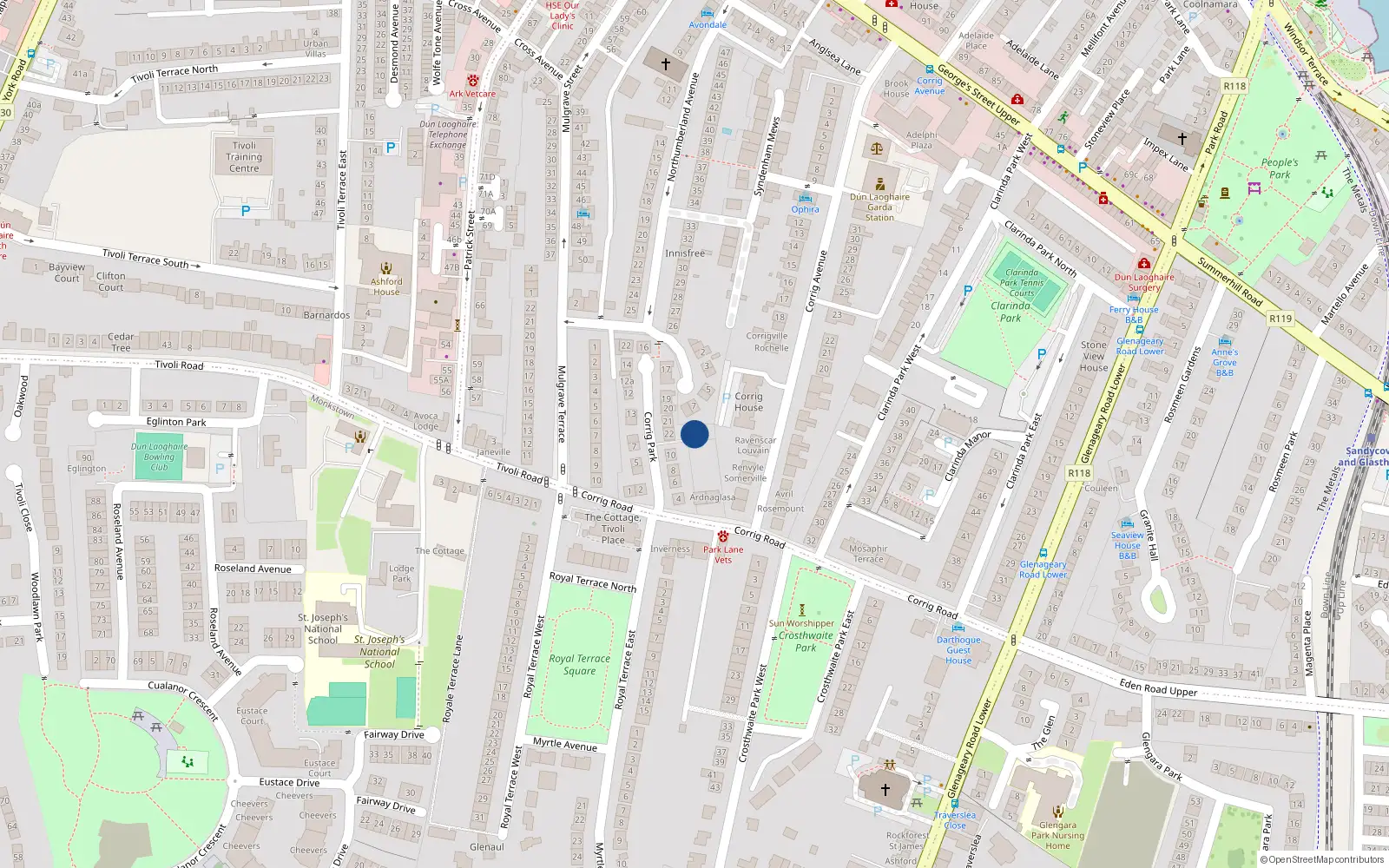 Overhead map showing the location of 22A Corrig Park, Dun Laoghaire, Dublin
