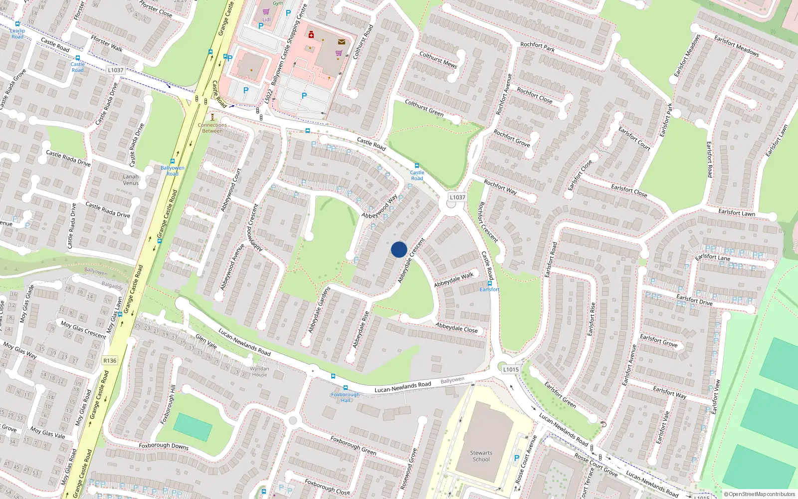 Overhead map showing the location of 23 Abbeydale Crescent, Lucan, Dublin