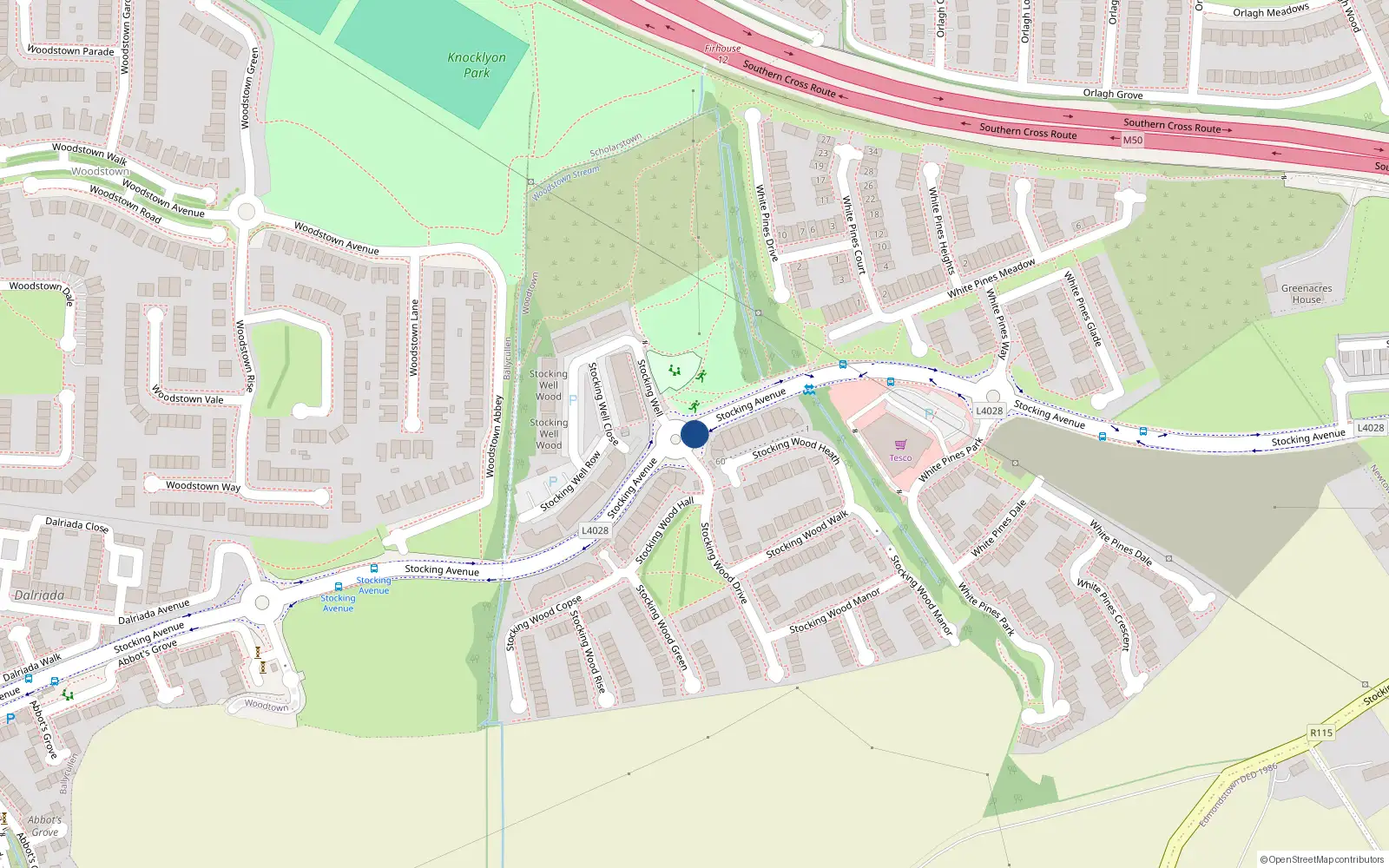 Overhead map showing the location of 23 Abbots Grove Park, Stocking Avenue, Knocklyon
