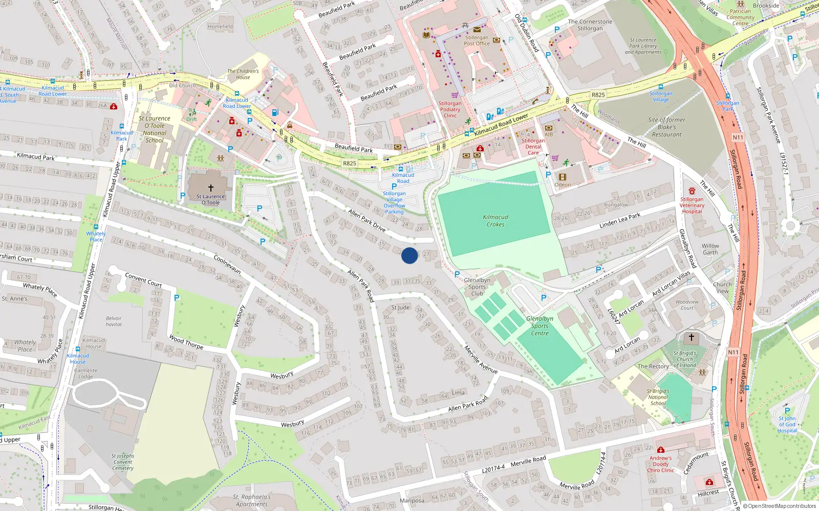 Overhead map showing the location of 23 Allen Park Drive, Blackrock